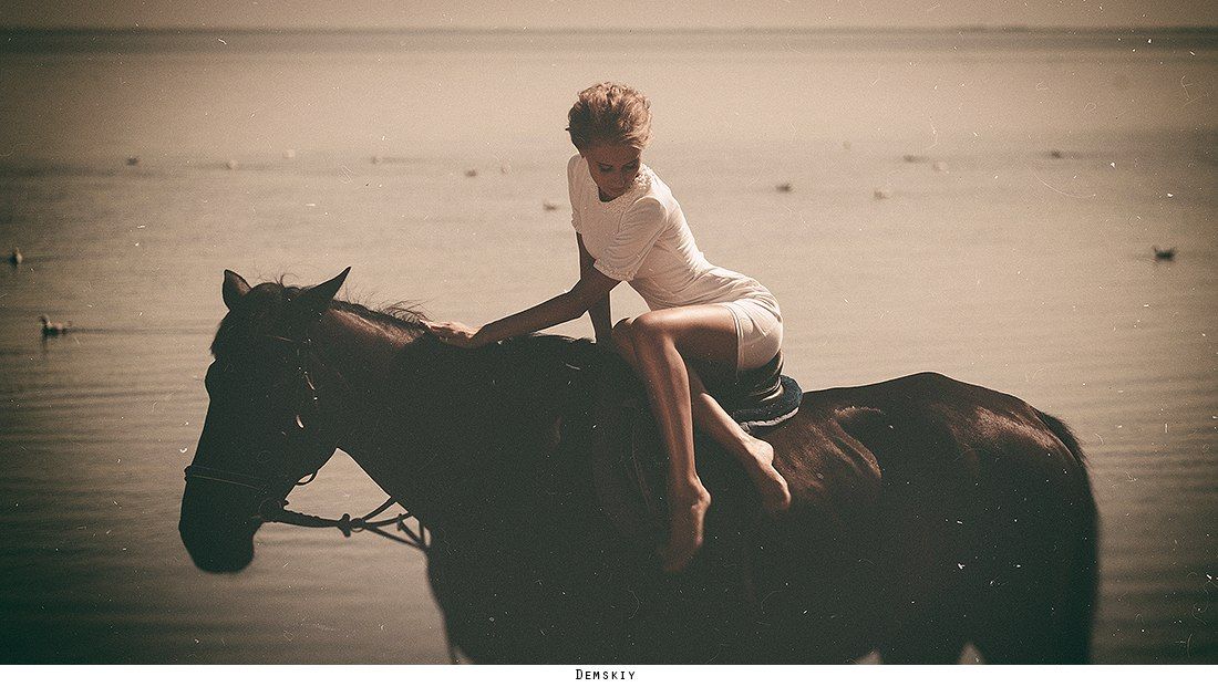 девушка, модель, лошадь, море, Руслан