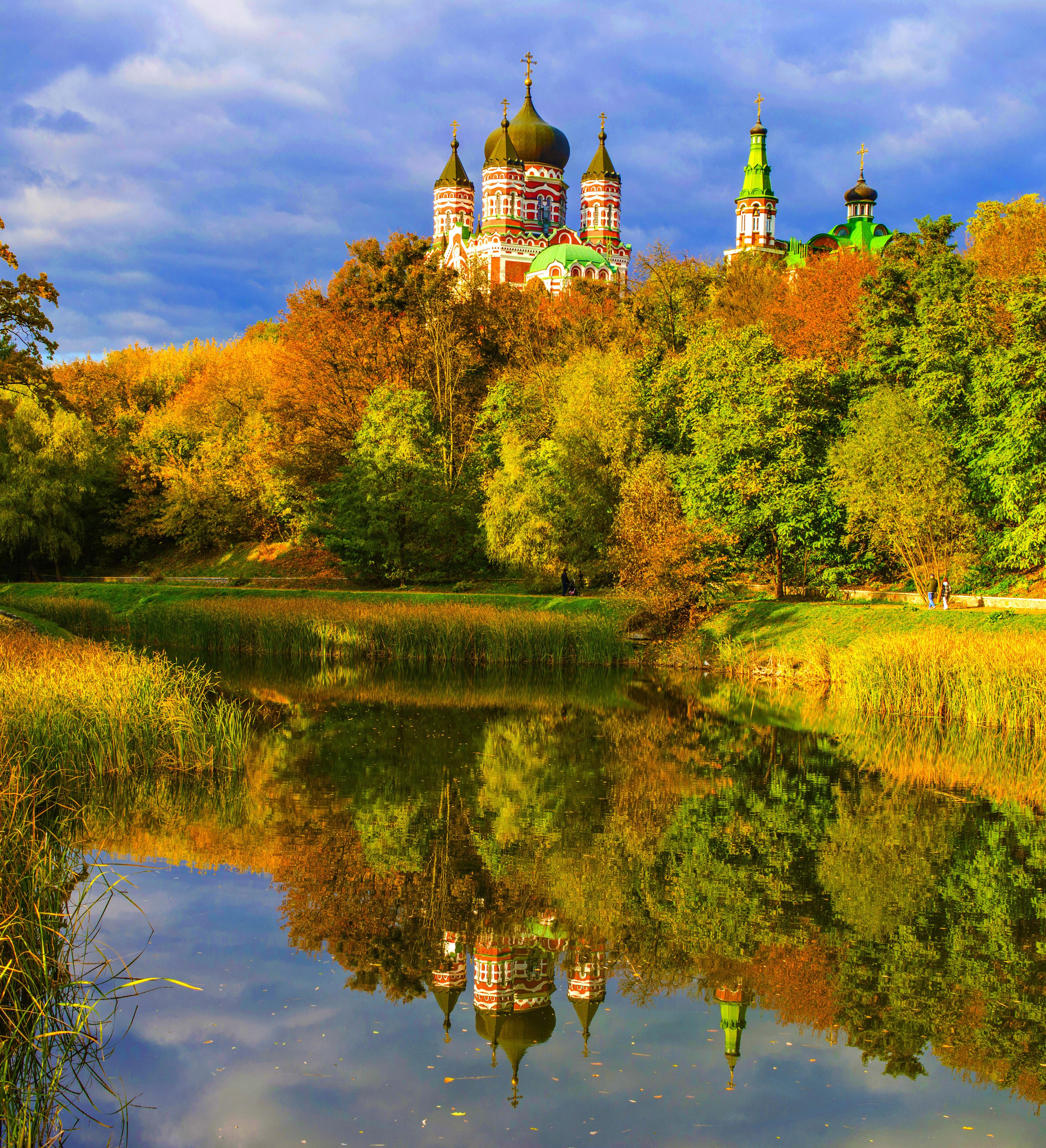 пейзаж, озеро, вода, отражение, храм, природа, архитектура, осень, Евгений Каримов