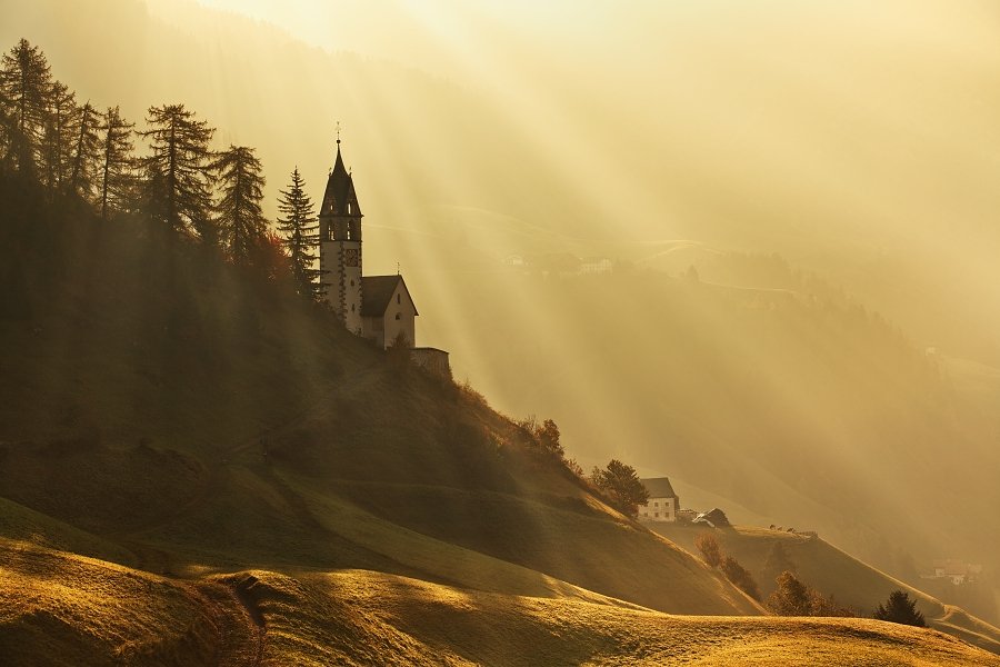 Alps, Alta Badia, Church, Dolomites, Italy, La Valle, Morning, Morning colors, Sunshine, Daniel Řeřicha