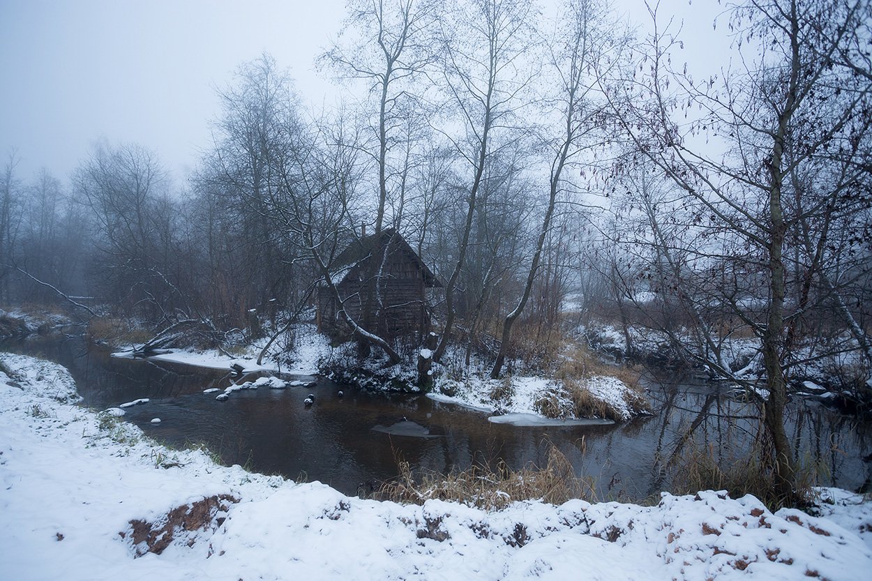 bath, country, fog, old house, river, snow, trees, village, winter, ветки, деревня, деревнясело, деревья, зима, избушка, лесная речка, снег, сруб, старая банька, туман, Анна Кудрявцева