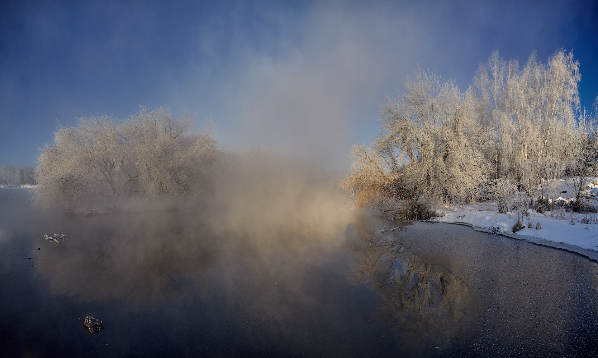 река иней туман вода небо деревья кусты берёзы лёд, Данил Ромодин