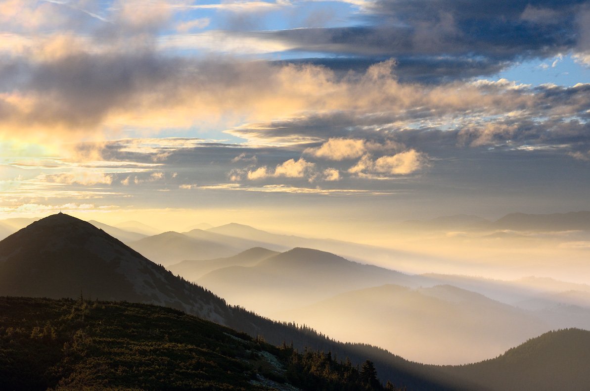 Clouds, Forest, Karpaty, Mountains, Sunrise, Горы, Карпаты, Лес, Облака, Рассвет, Я