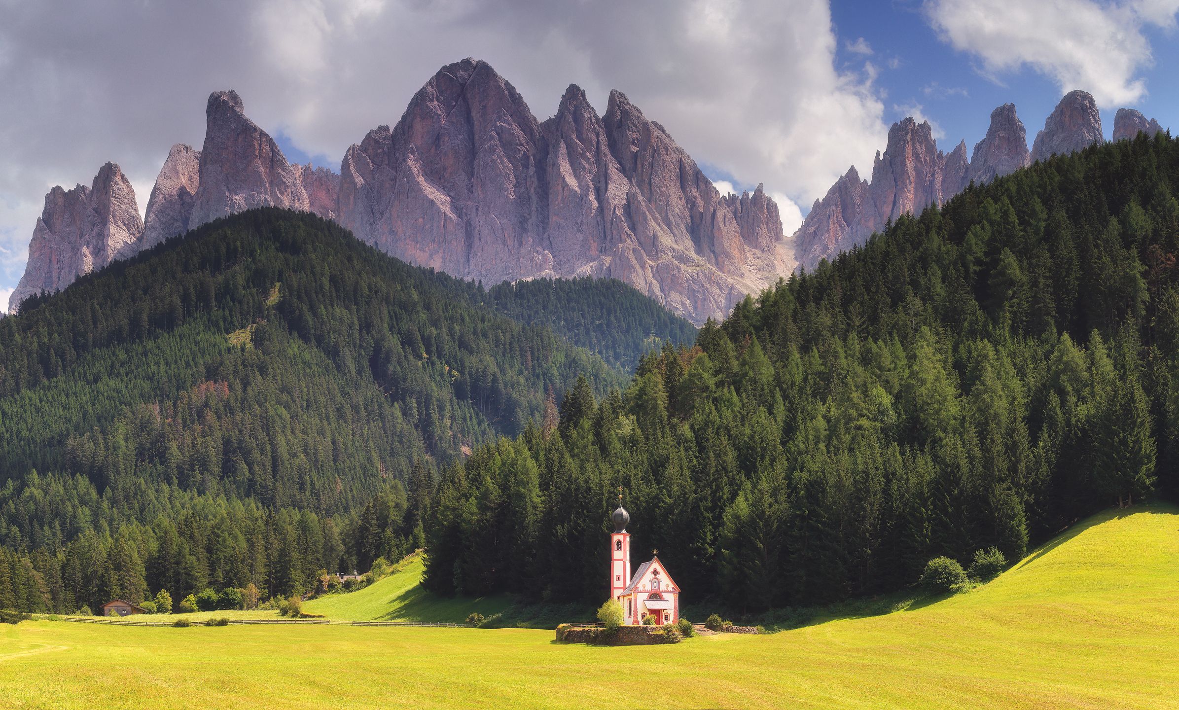 San Giovanni in Ranui, Church, Val di Funes, South Tyrol, Dolomites, Italy, горы, лето, панорама, Евгений Матюшенков