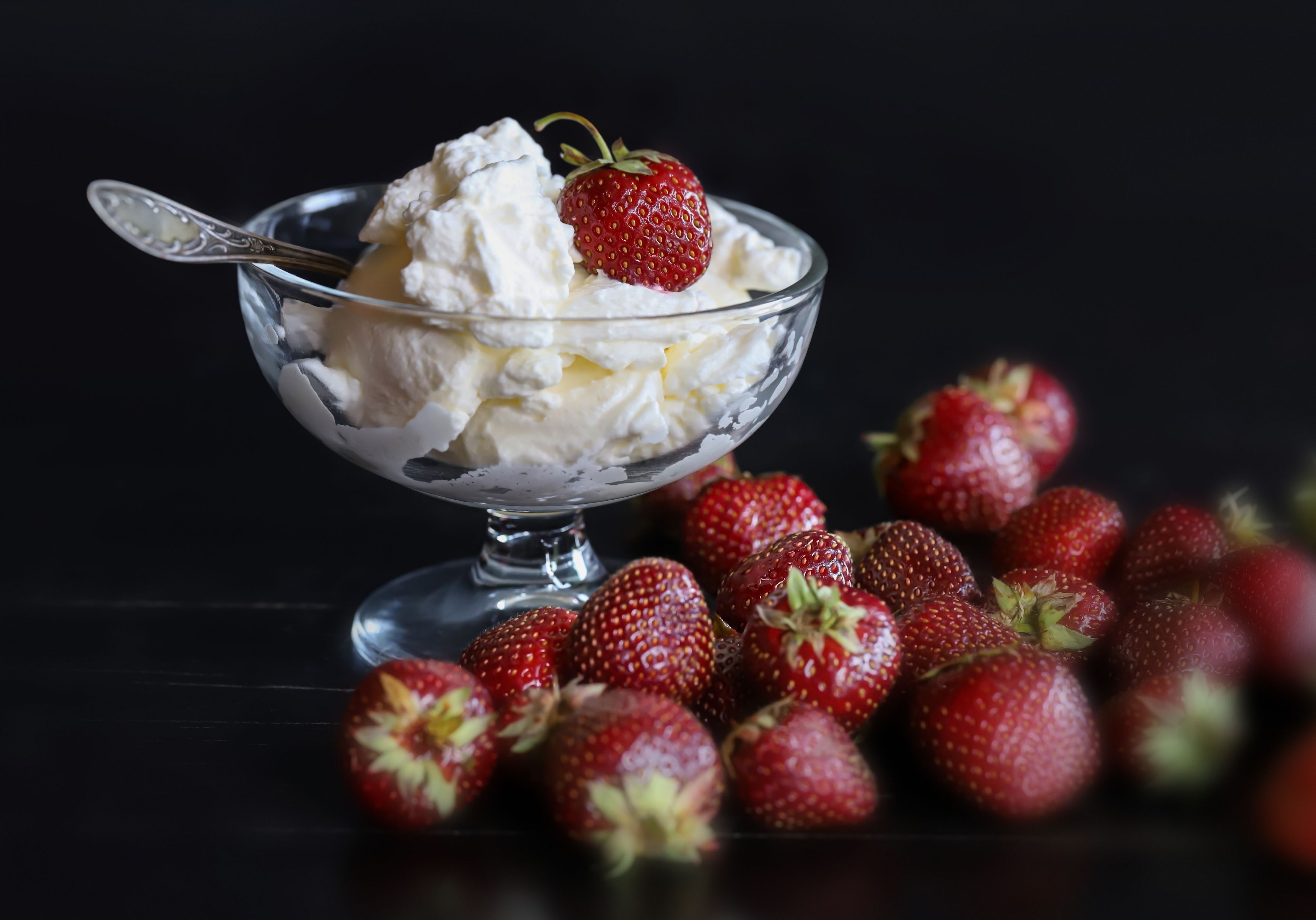 strawberries,  whipped cream, still life, macro, dessert, sweet food, delicious, summer, DZINTRA REGINA JANSONE