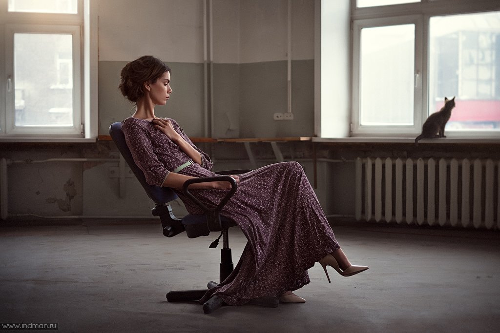 Cat, Chair, Dress, Girl, Window, Игорь Парфенов