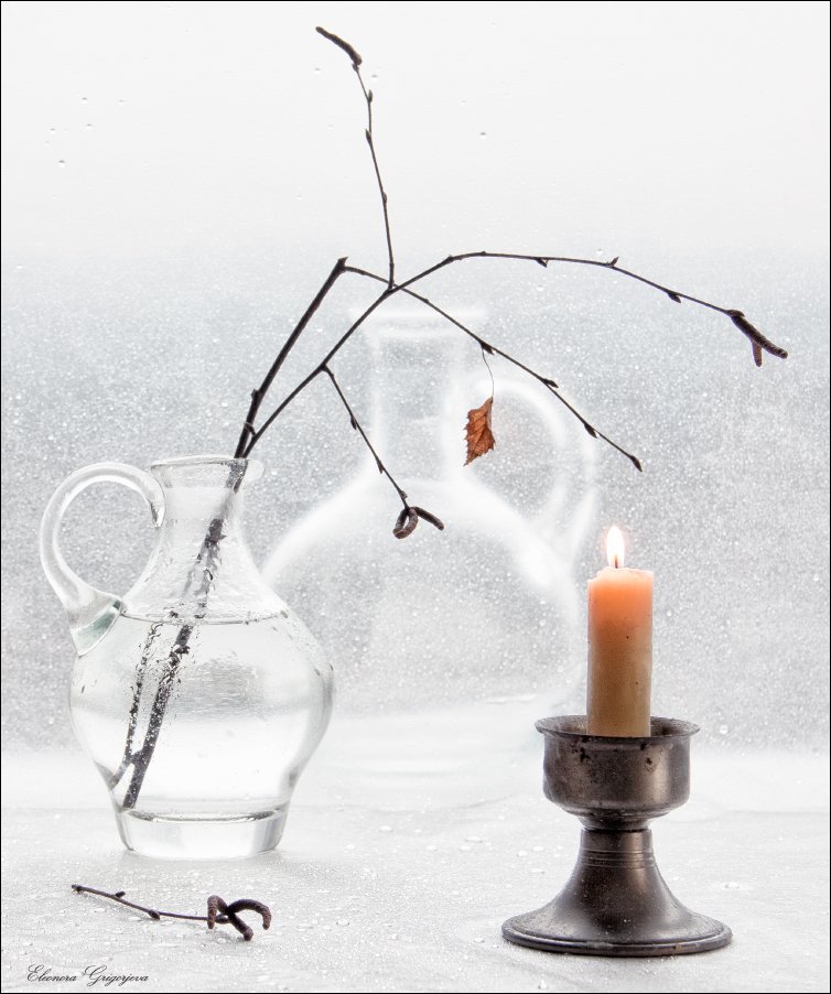 белое, ветки, натюрморт, окно, свеча, февраль, Eleonora Grigorjeva