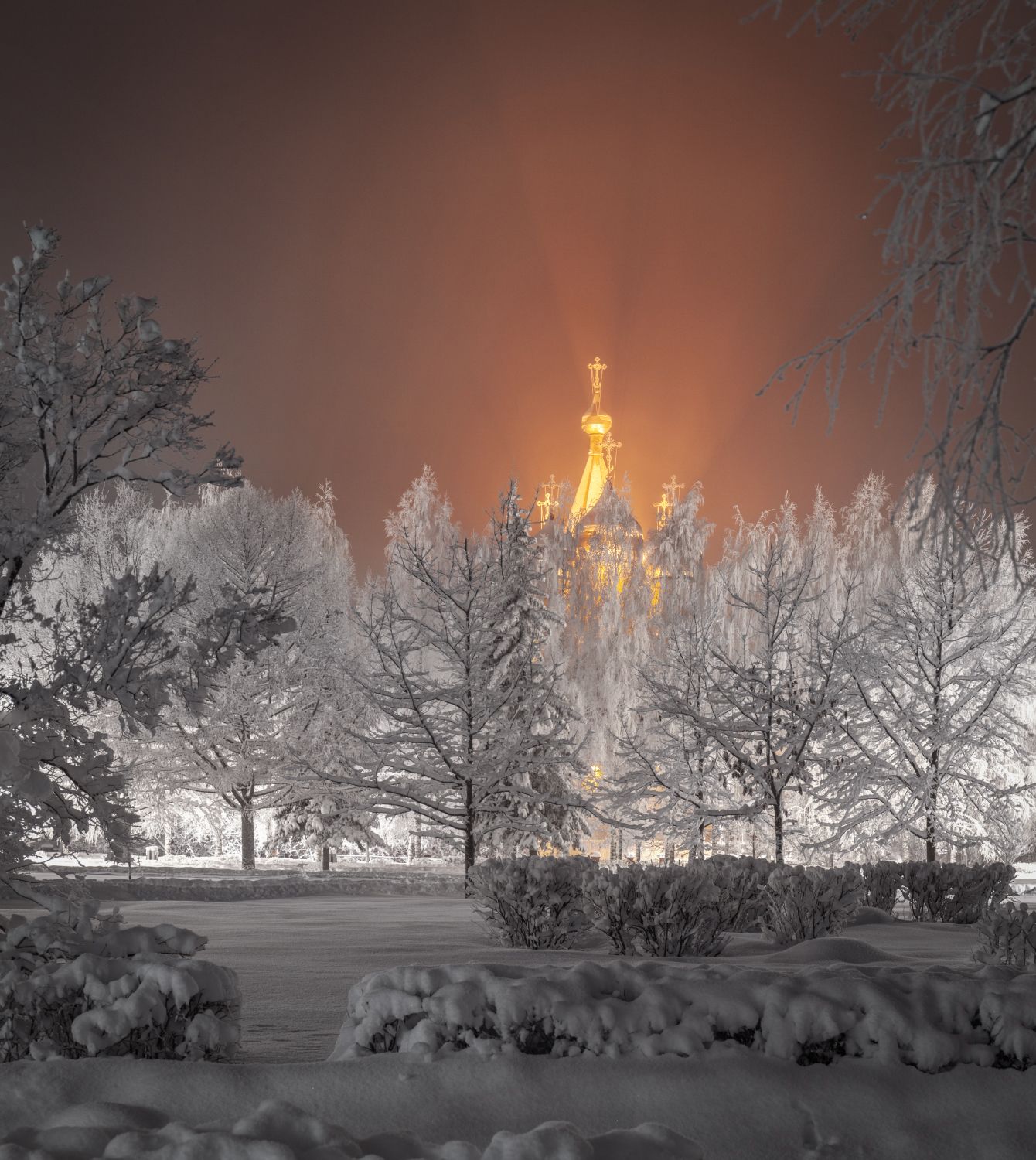 вечер зима снег свет церковь, Сергей Буторин