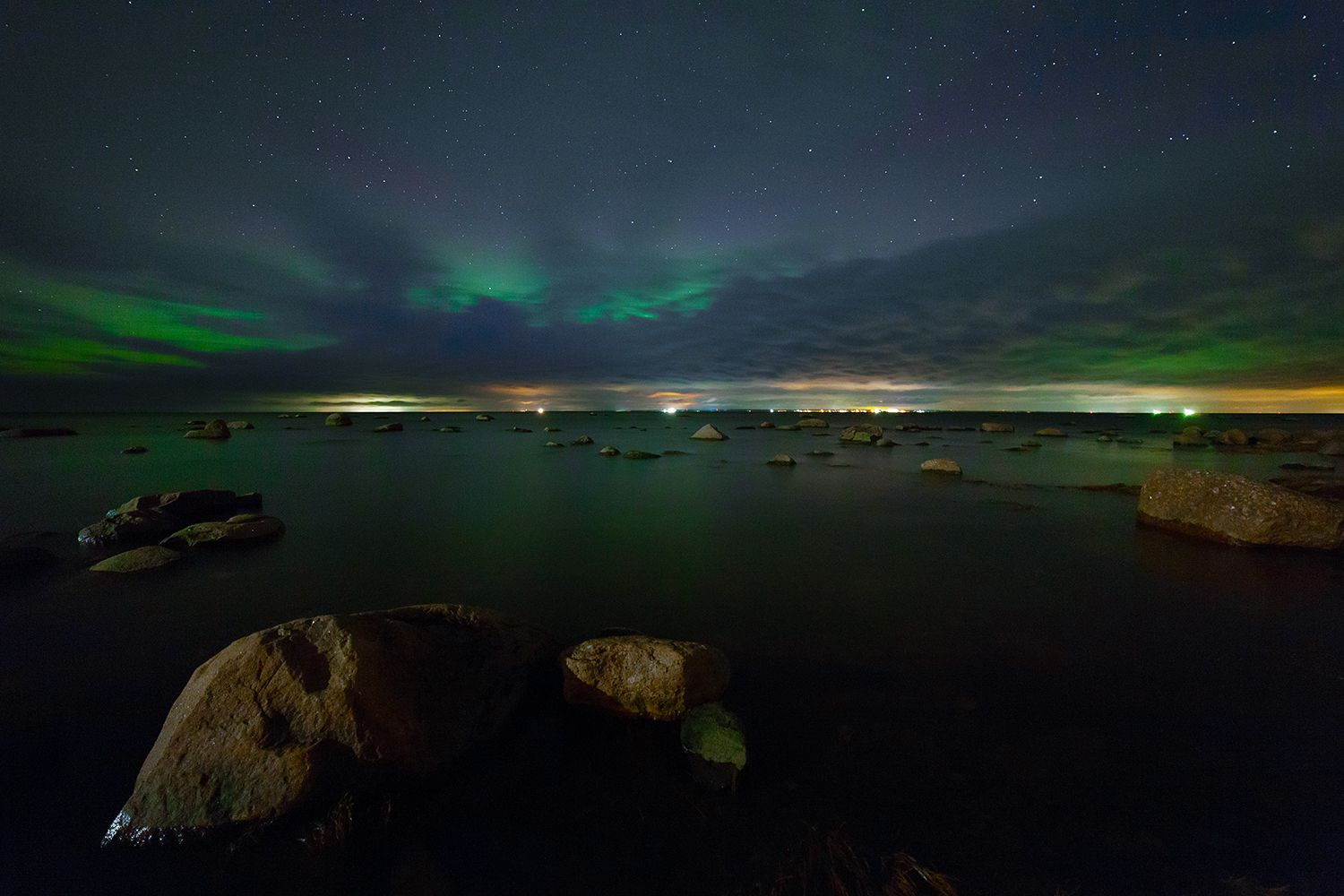 night, water, aurora borealis, northern lights, Хамаганова Мария