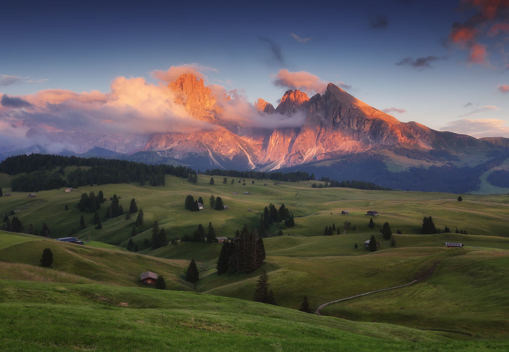Alpe di Siusi, Seiser Alm, Dolomites, Alpe, Italy, горы, вечер, закат, панорама, лето, Евгений Матюшенков
