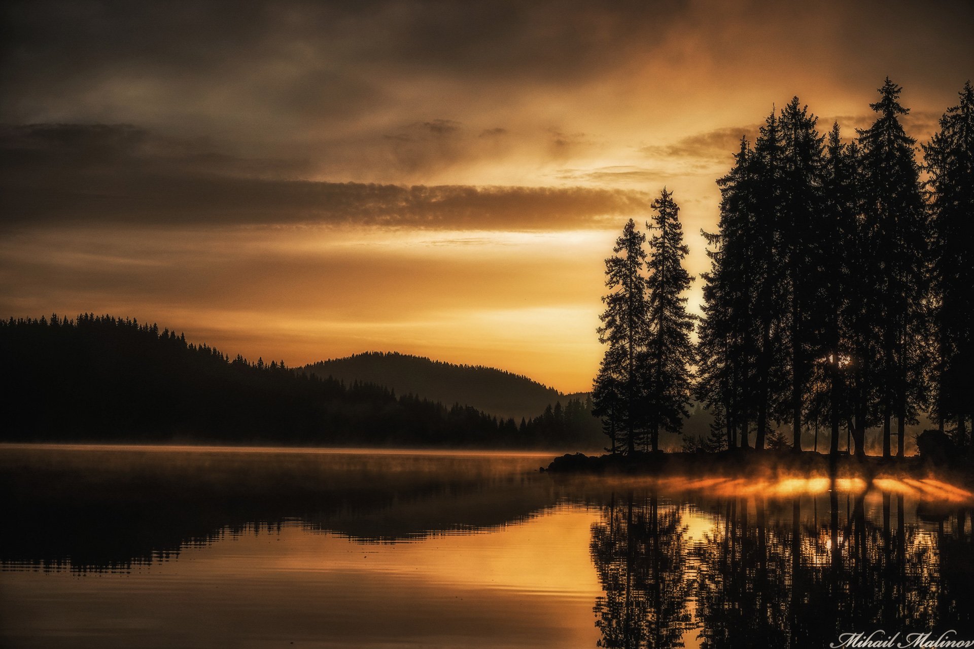 Forest, Gold, Lake, Landscape, Mountain, Sunrise, Михаил Малинов
