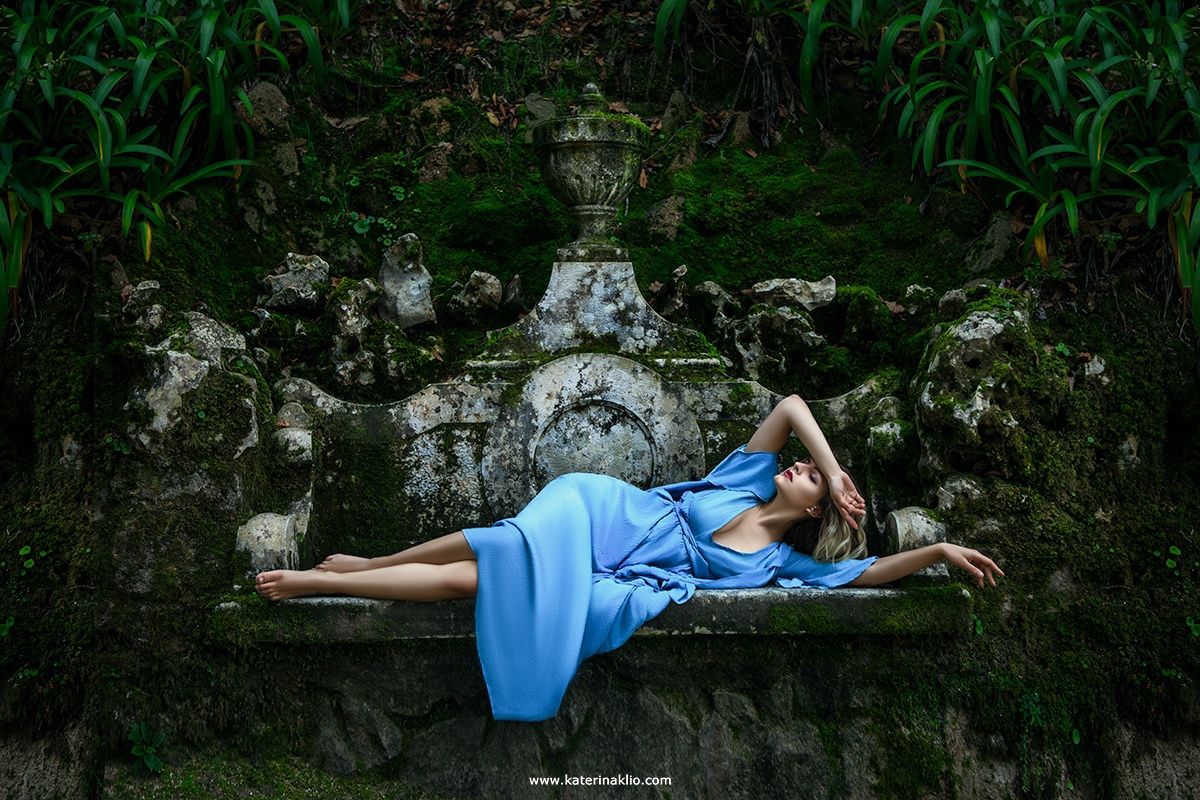 raindrop, garden, fall, sleep, blue, nature, stone, rocks, woman, model, beautiful, Катерина Клио