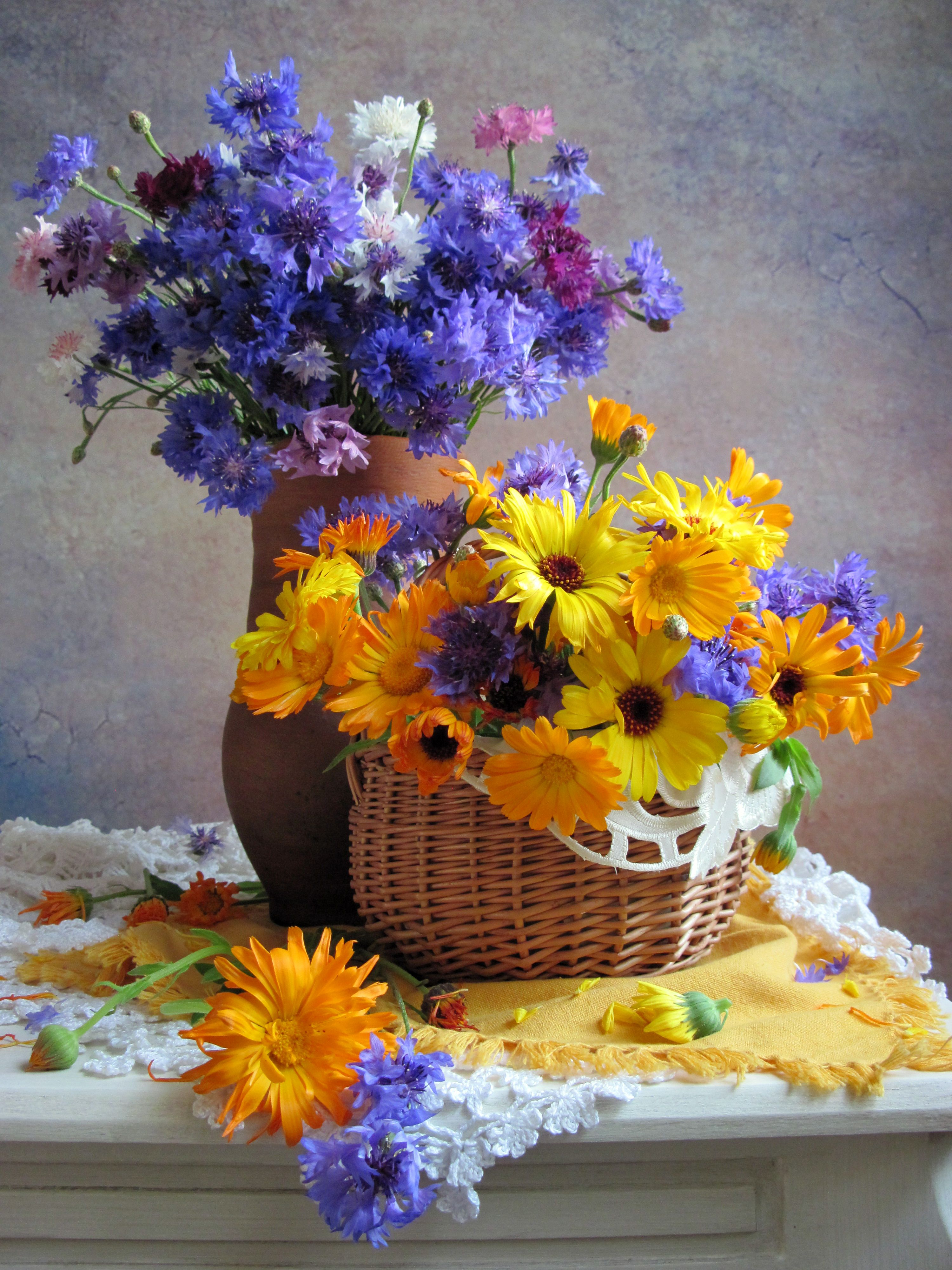 цветы, букет, ноготки, календула, васильки, крынка, корзинка, салфетки, Наталия Тихомирова