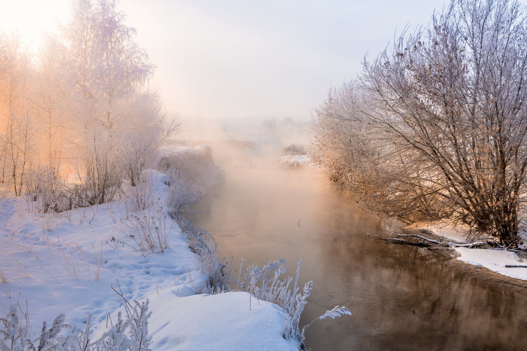 река, туман, зима, испарения, иней, пейзаж, Юрий Морозов