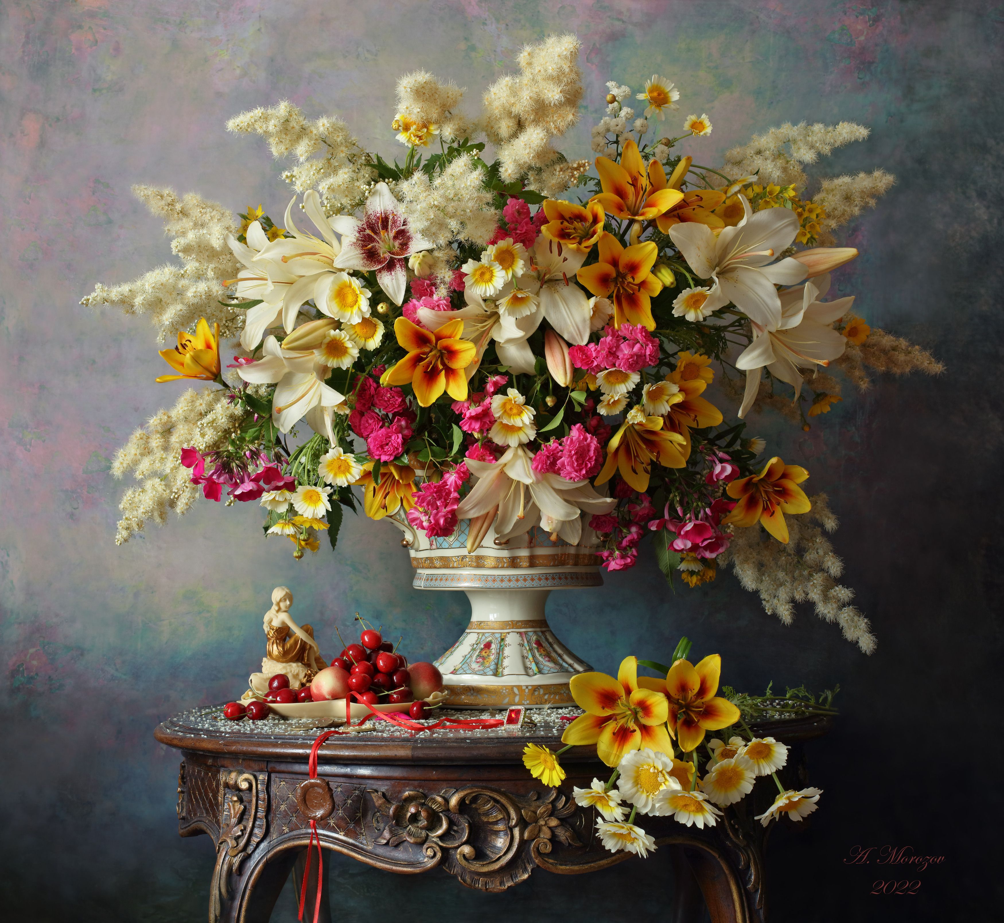 цветы, лилии, розы, ромашки, фрукты, девушка, Андрей Морозов