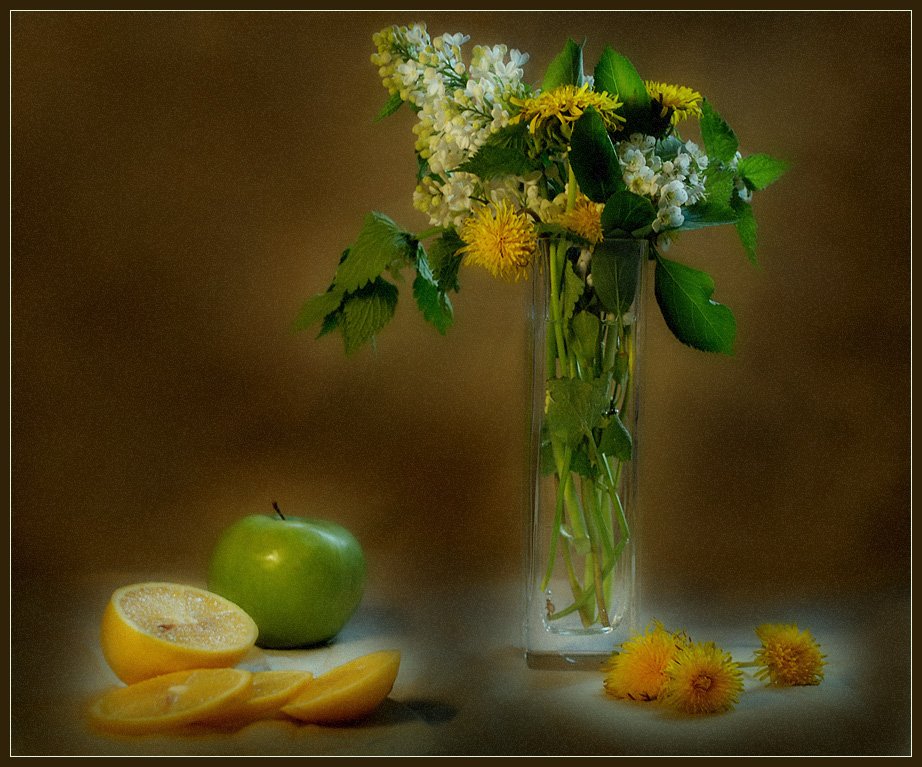 натюрморт, букет, цветы, лимон, яблоко, Юлия
