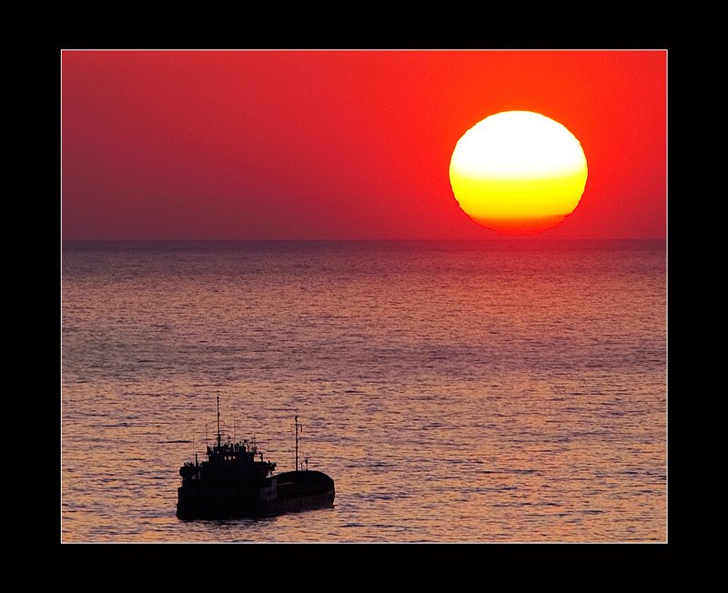 sunset, sea, ship, Kirill Grekov