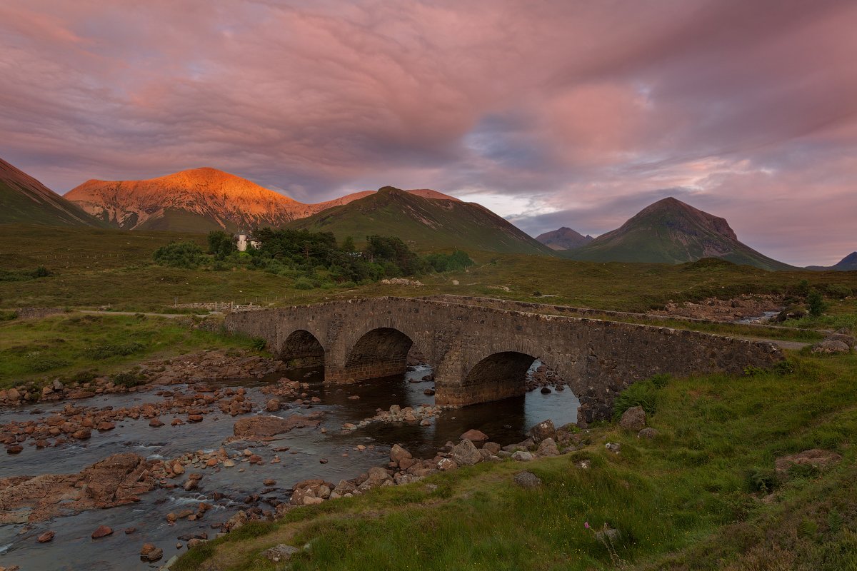 cuillin, landscape, old bridge, scotland, skye, sligachan, sunset, закат, скай, шотландия, Alex Darkside