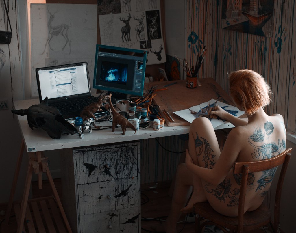 art, artist, at home, girl, nude, paint, painter, painting, tattoo, Роман Филиппов