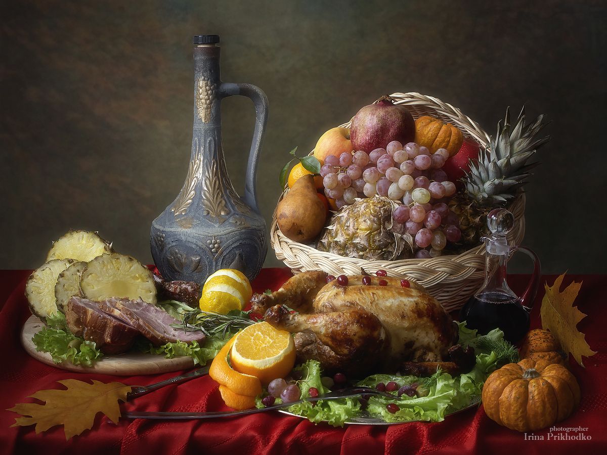 натюрморт, осень, стол, еда, овощи, фрукты, мясо, курица, Приходько Ирина