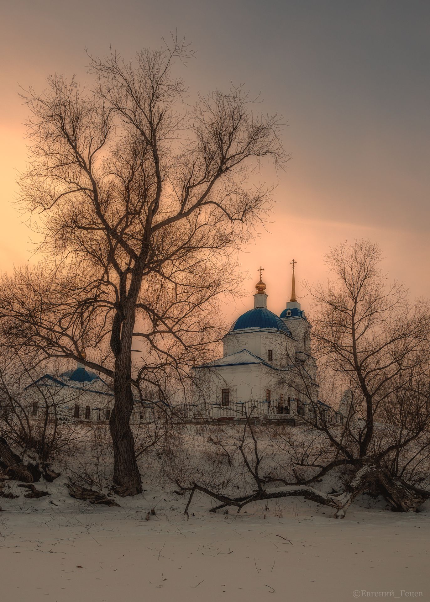 пейзаж, церковь, закат, зима, россия, урал, Евгений Гецев
