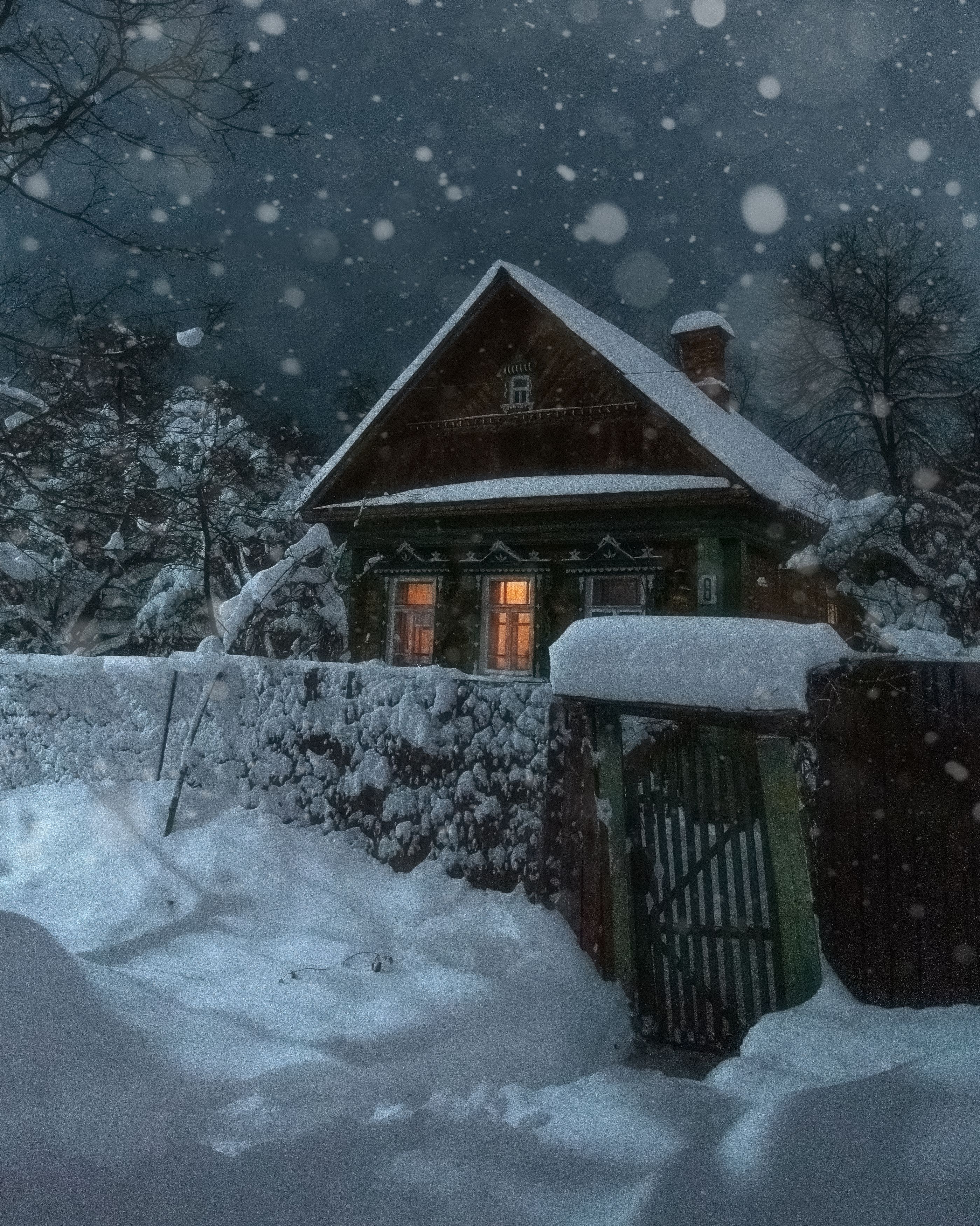 ночь, зима, свет в окне, дом, снег, пейзаж, снегопад, деревня, Мартыненко Дмитрий