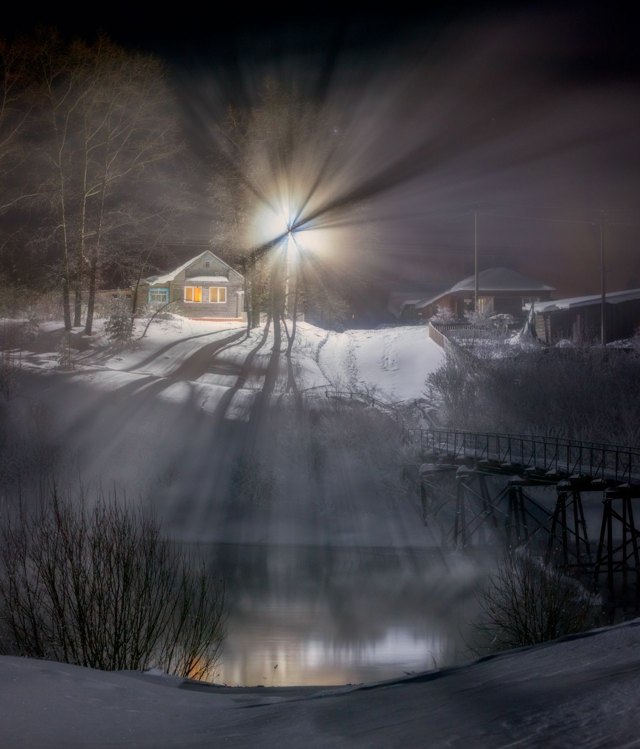 ночь городок зима свет фонарь река вода мост холод, Сергей Буторин