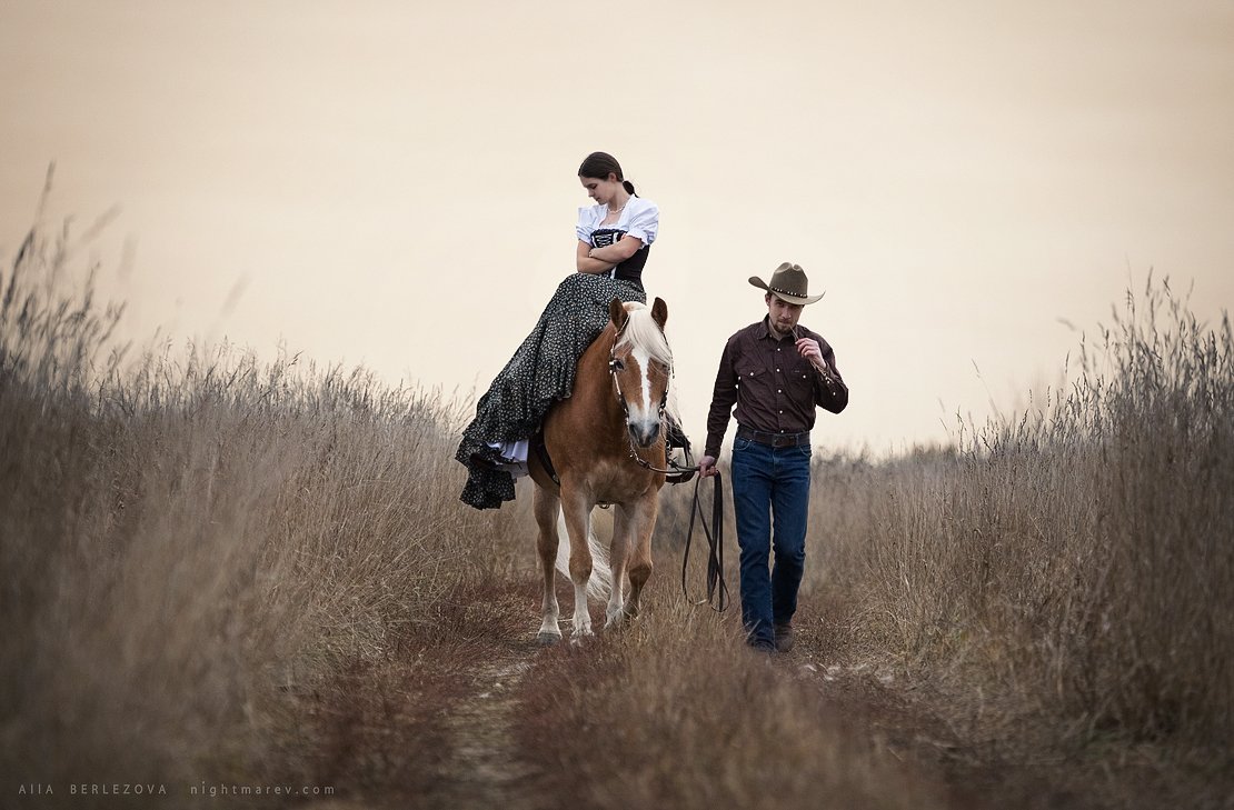 Cowboy, Dress, Field, Girl, Haflinger, Horse, Sunrise, Alla