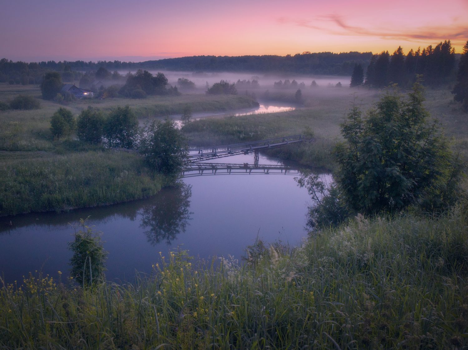 лето ночь туман деревня река мостик, Сергей Буторин