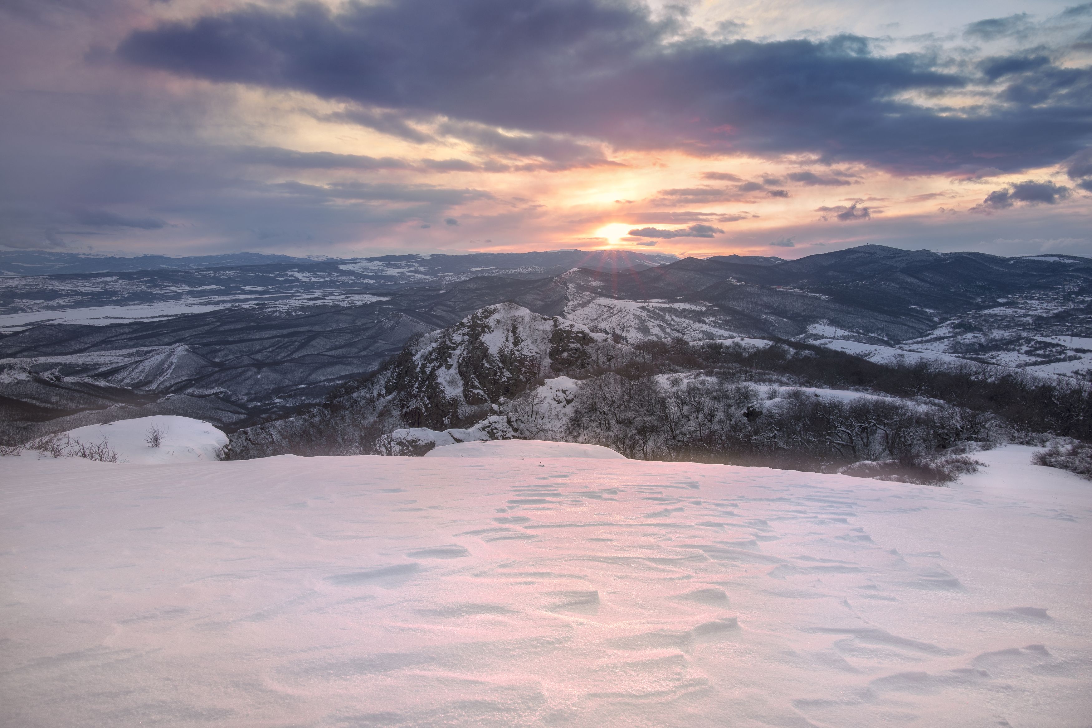 winter, landscape, Georgia, nature, sunset, snow, mountains, Helen Vasilieva