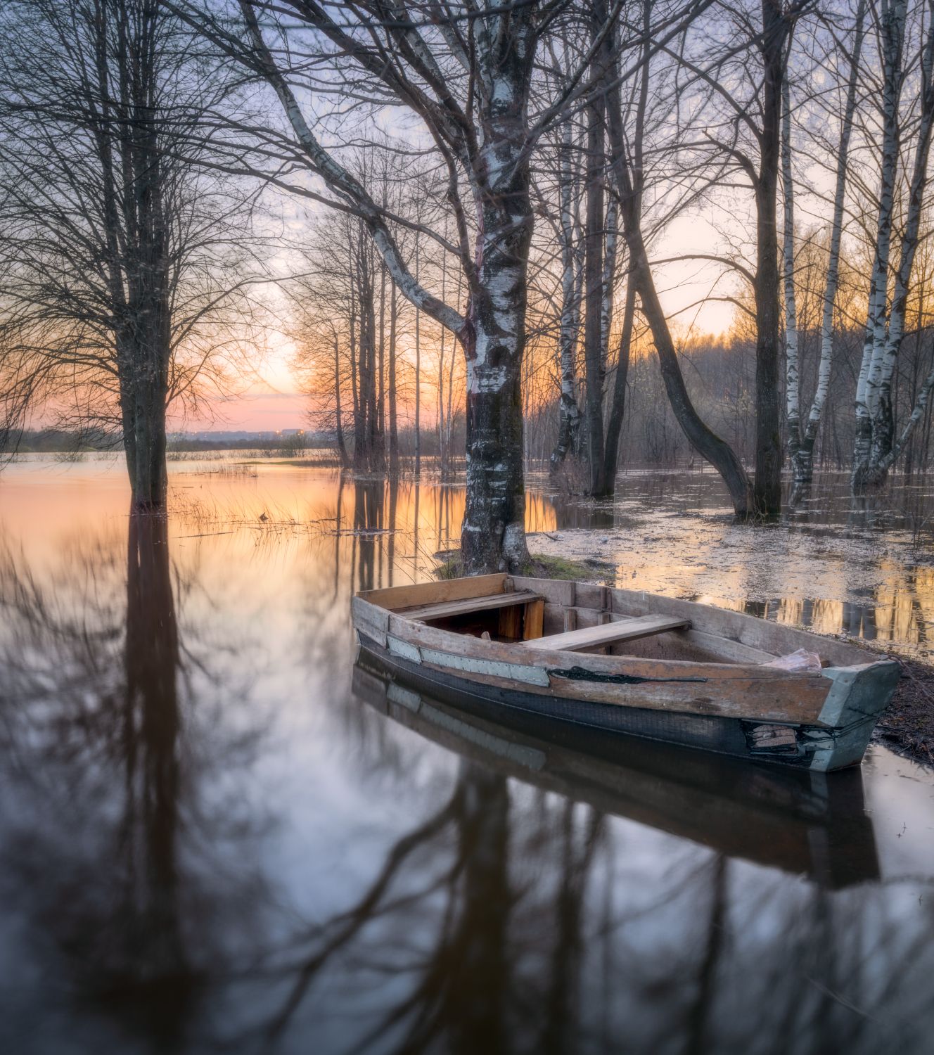 пейзаж лодка половодье вода весна деревья закат, Сергей Буторин