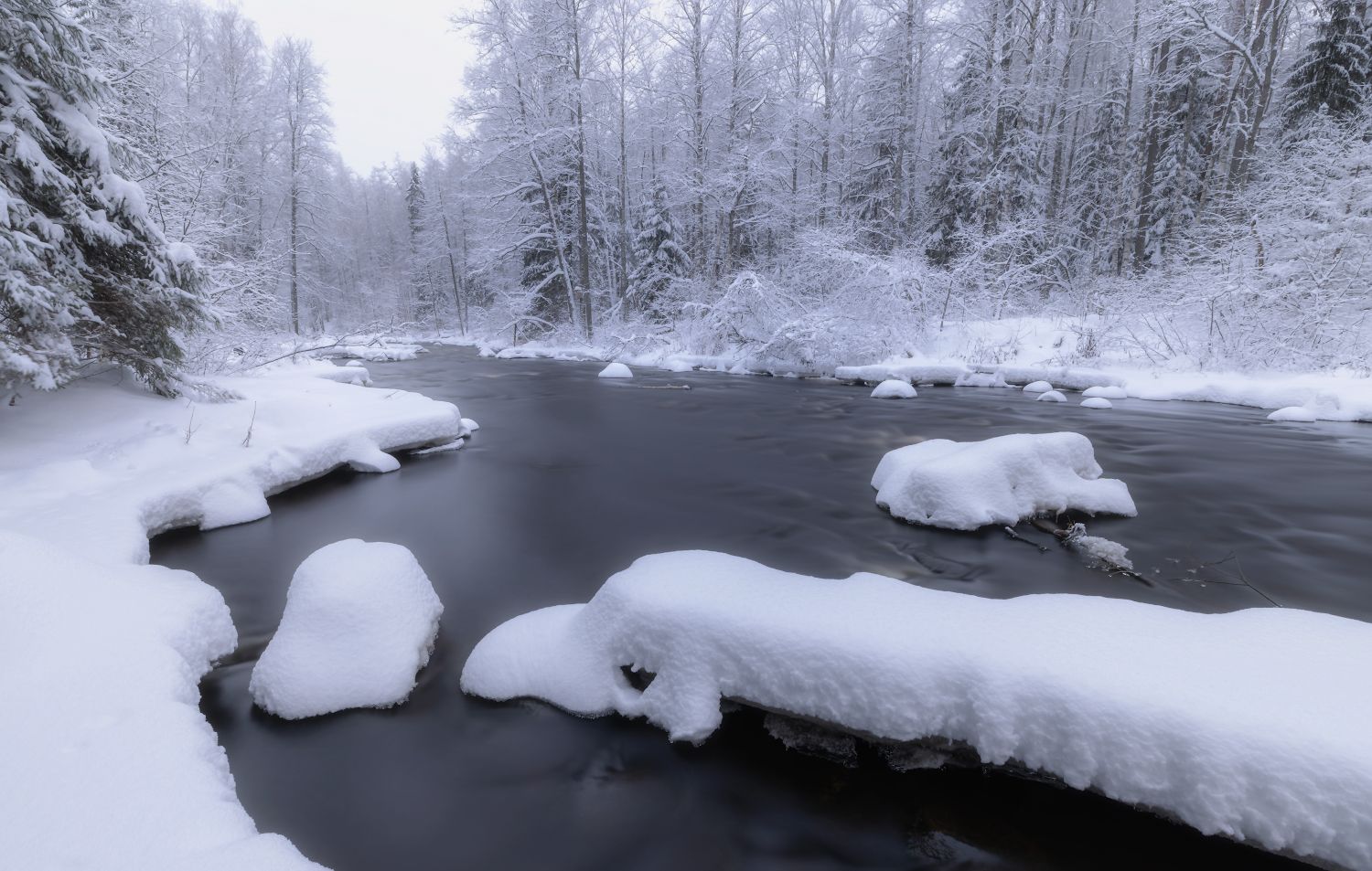 зима мороз дымка туман река снег деревья сугробы лед, Скороходов Константин