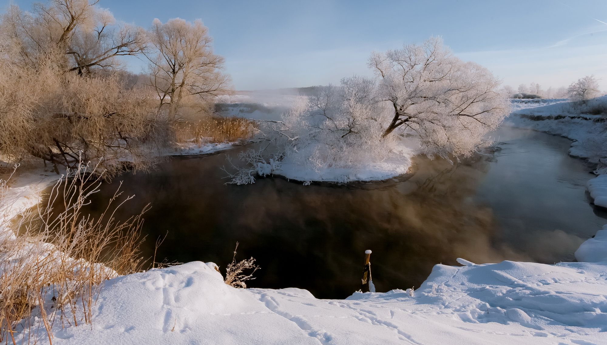 зима, река, иней, пейзаж, берега, Юрий Морозов