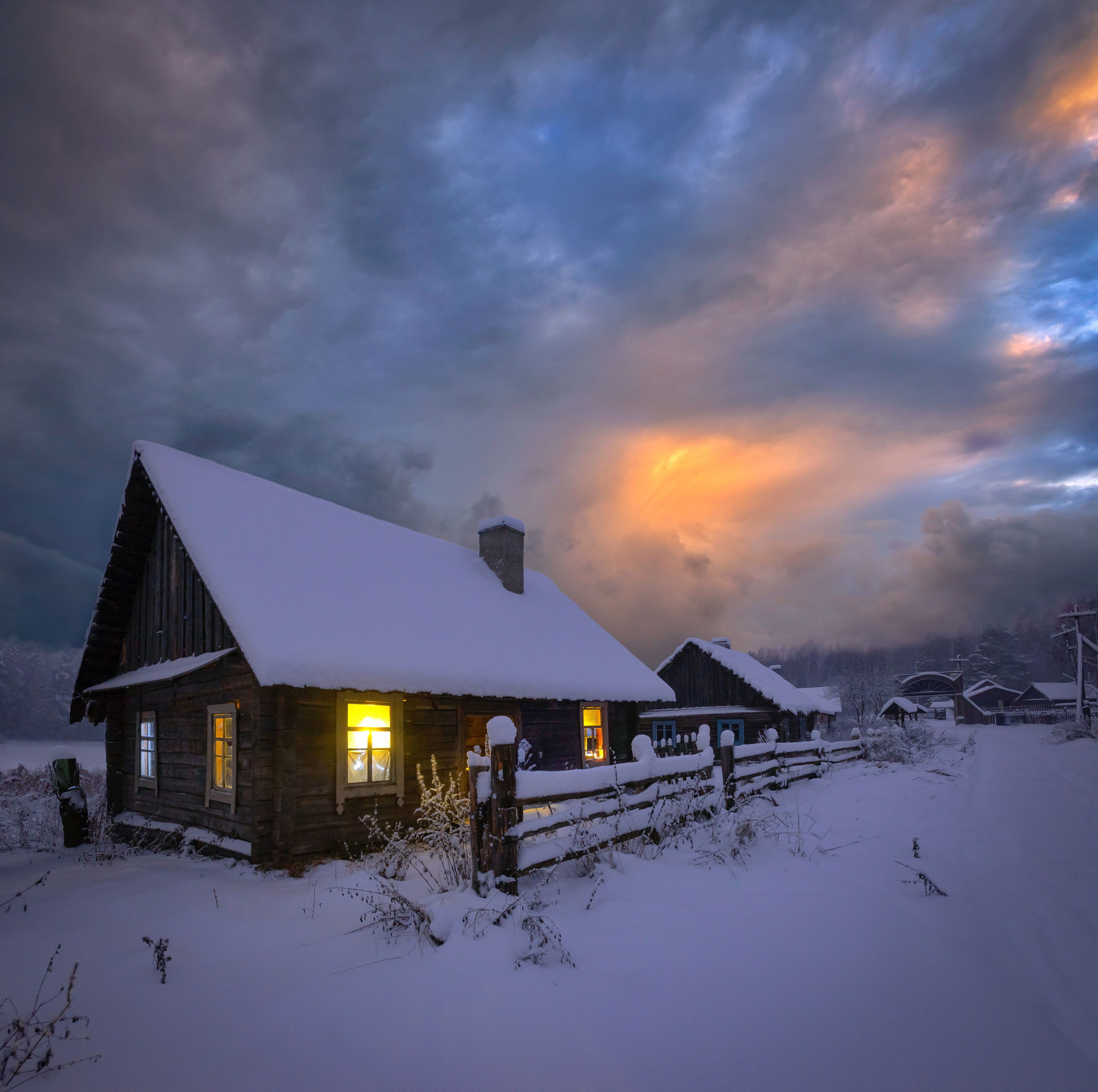 зима, деревня, мороз, закат, Александр Гвоздь