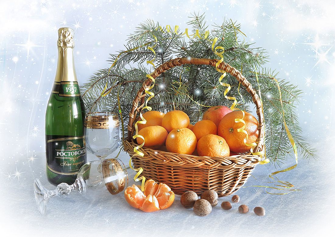 натюрморт,новый год,елка,снег,зима ,мандарины,шампанское,орехи, Алла Шевченко