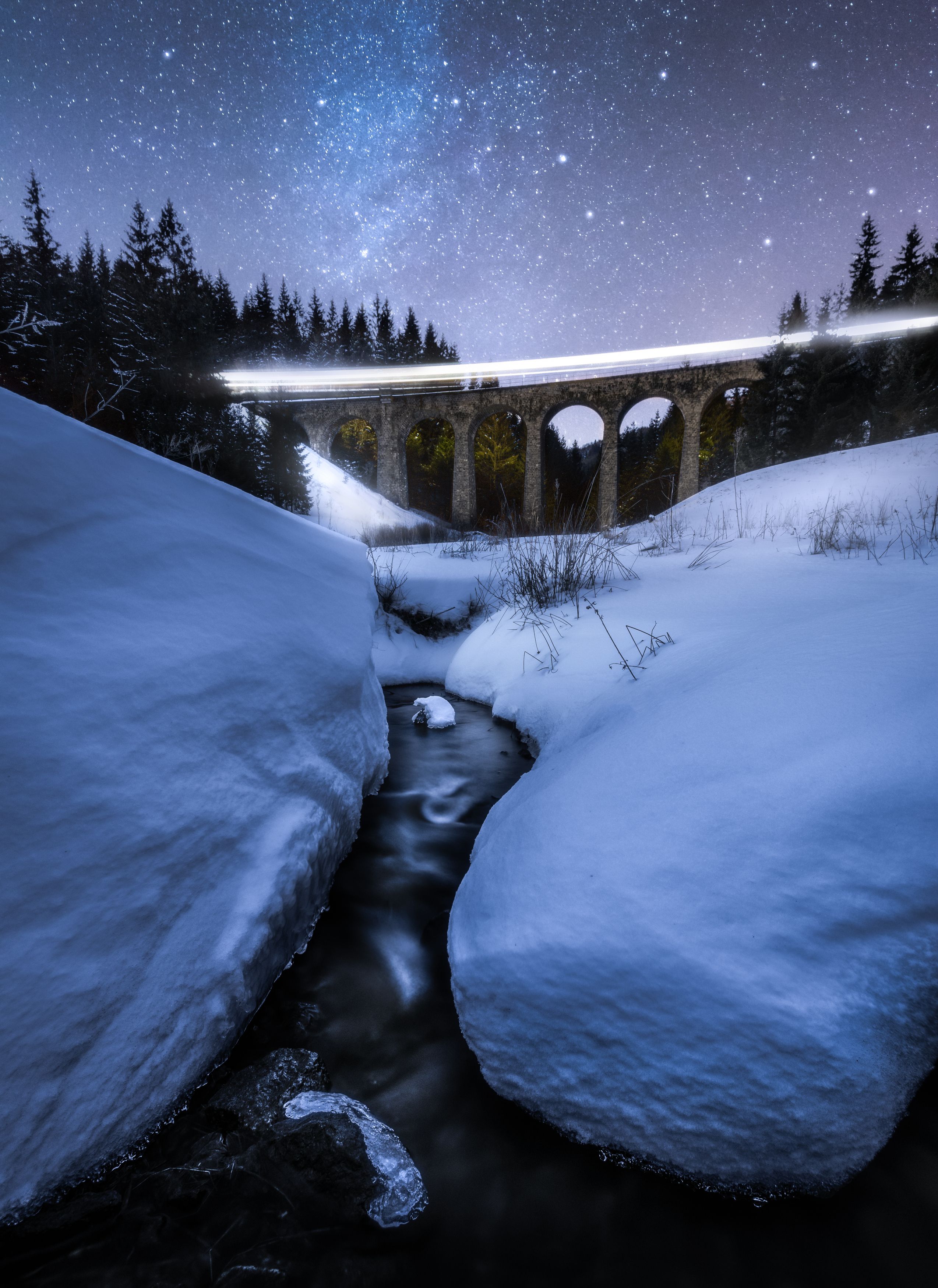 water, night, astrophotography, train, harry potter, viaduct, slovakia, winter, Miroslav Sluk