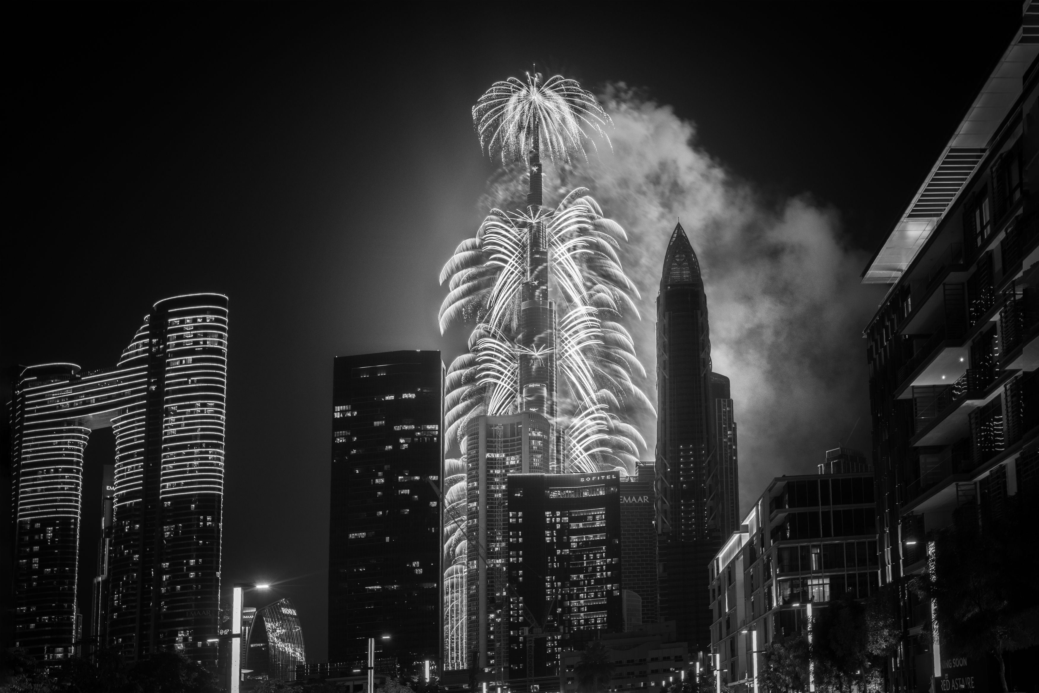 new year, dubai, burj khalifa, uae, fireworks, city, bw, black and white, Roman Bevzenko