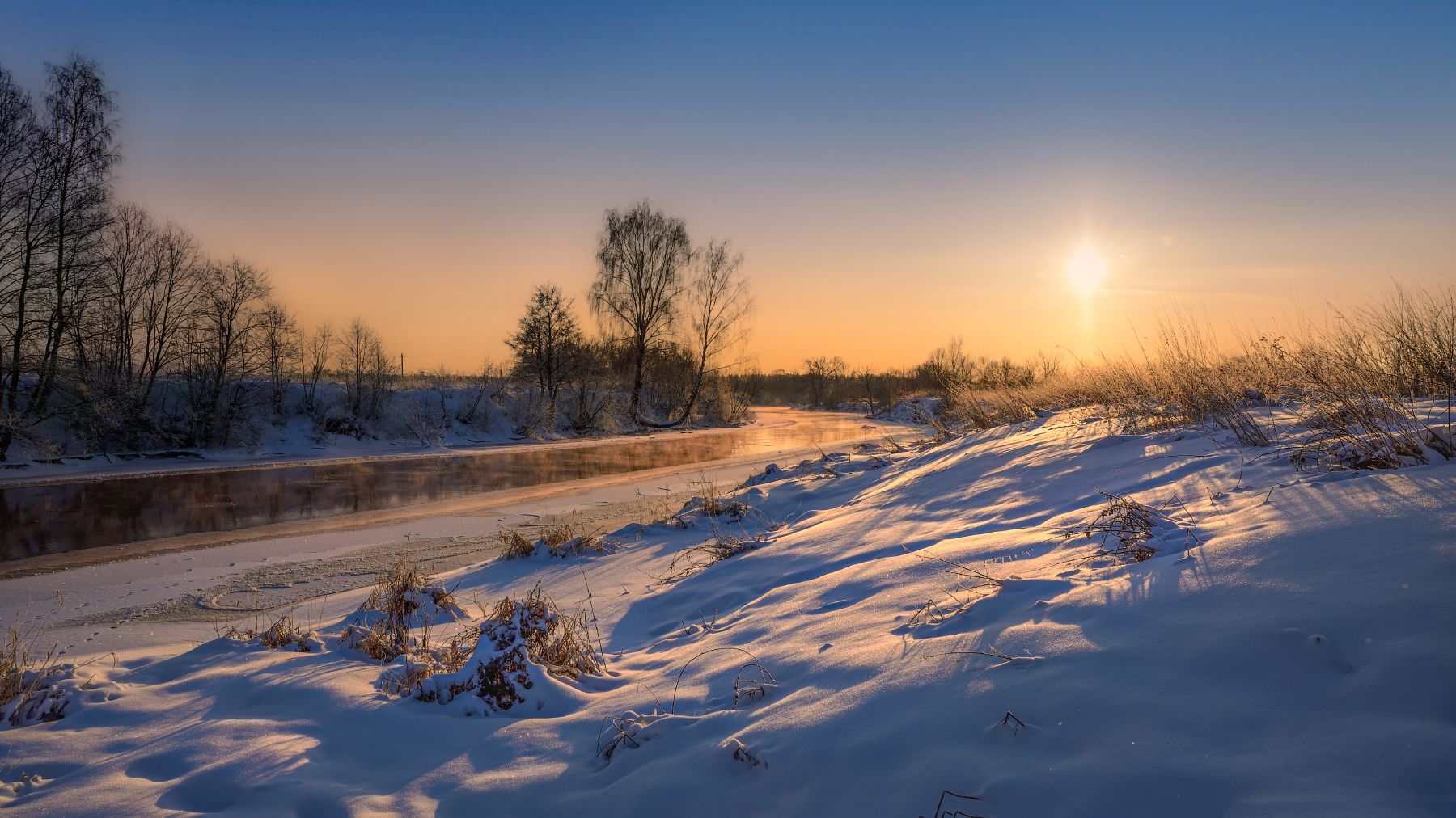 зима,вечер,закаи\\т,солнце,река,снег,мороз, Виталий Полуэктов