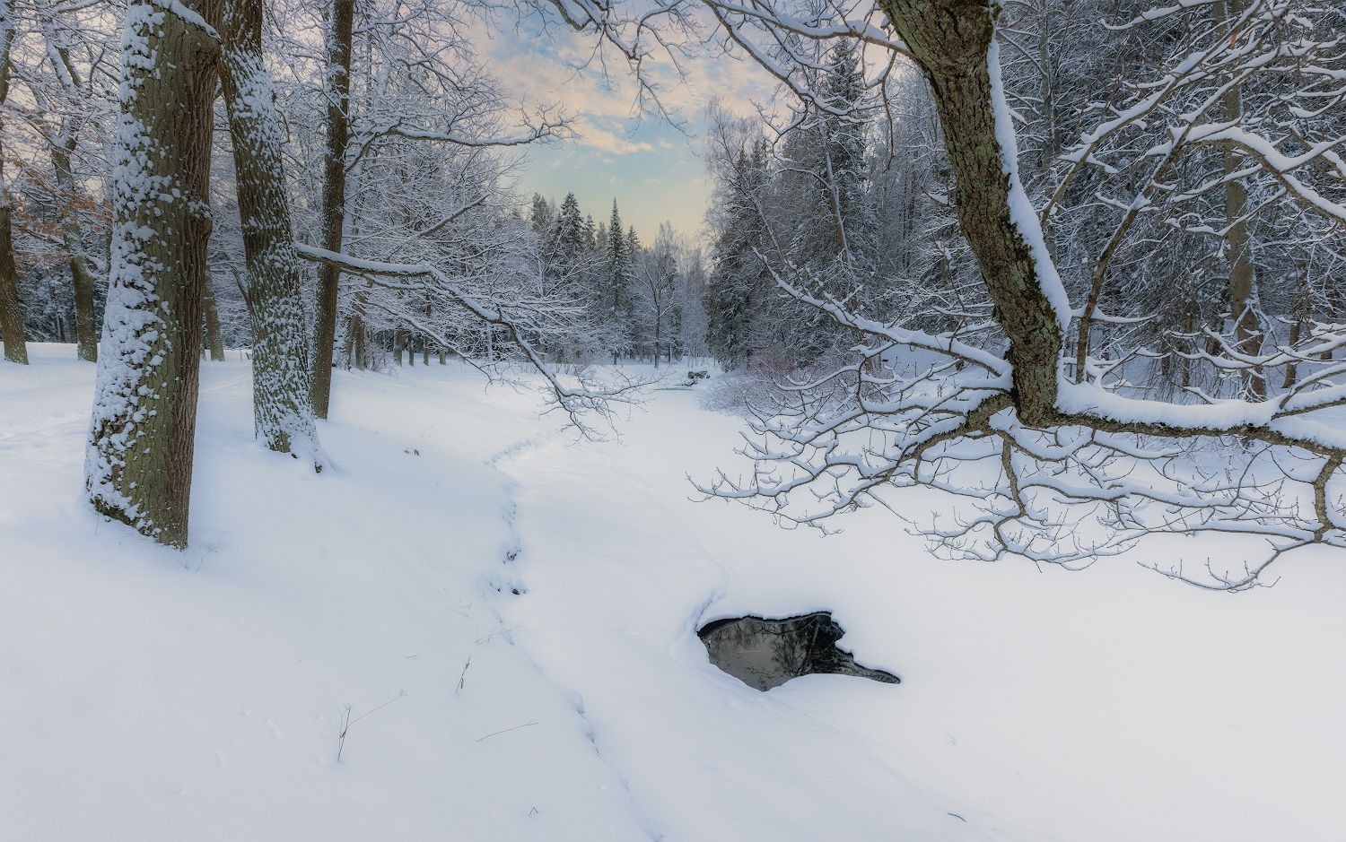 январь зима снег сугробы небо облака мороз река деревья, Скороходов Константин