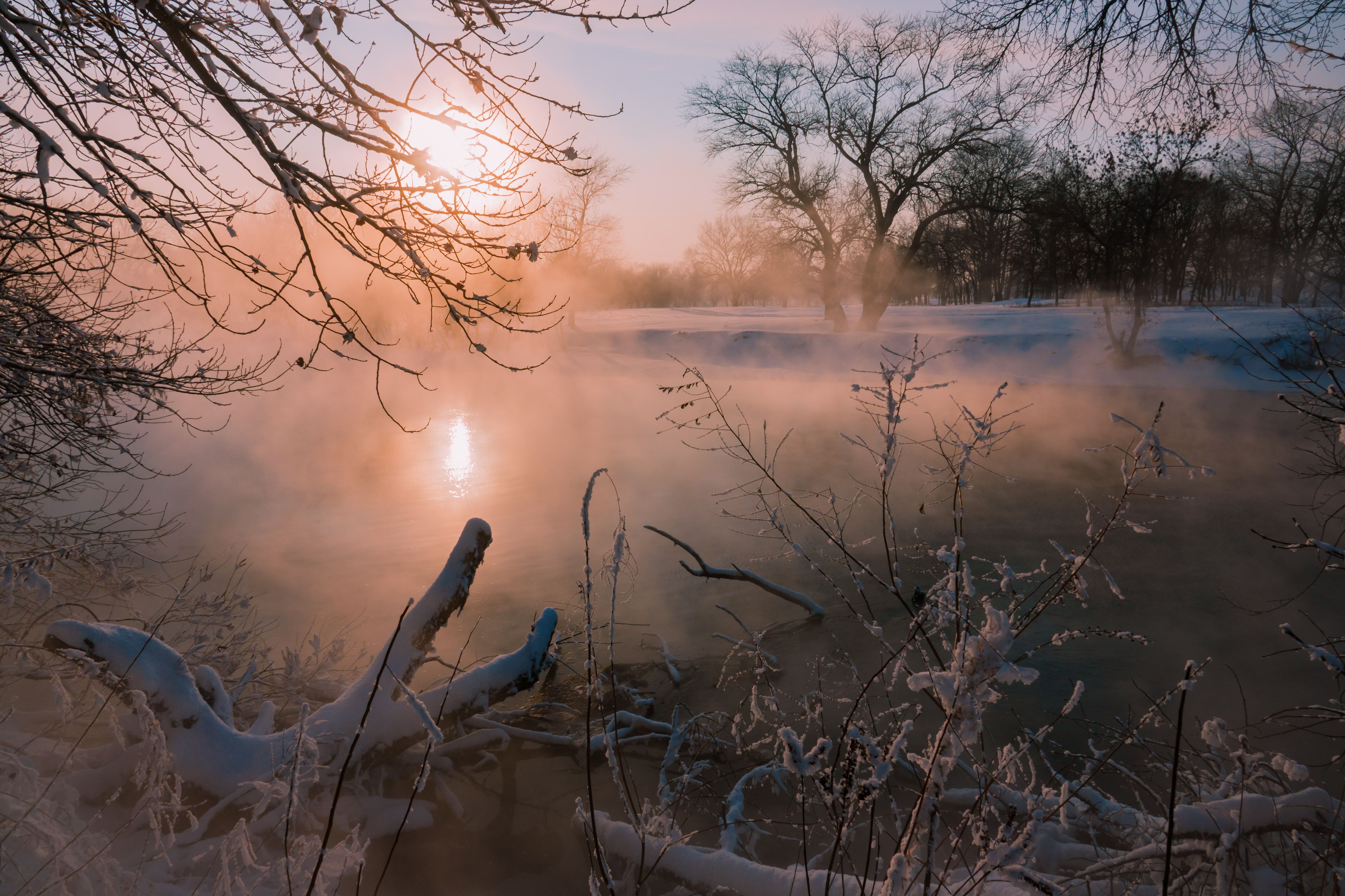 зима, снег, туман, река, Константин Шишкалов