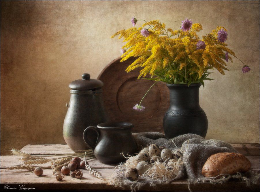 жёлтый, золотарник, колосья, лето, молоко, натюрморт, орехи, хлеб, цветы, Eleonora Grigorjeva