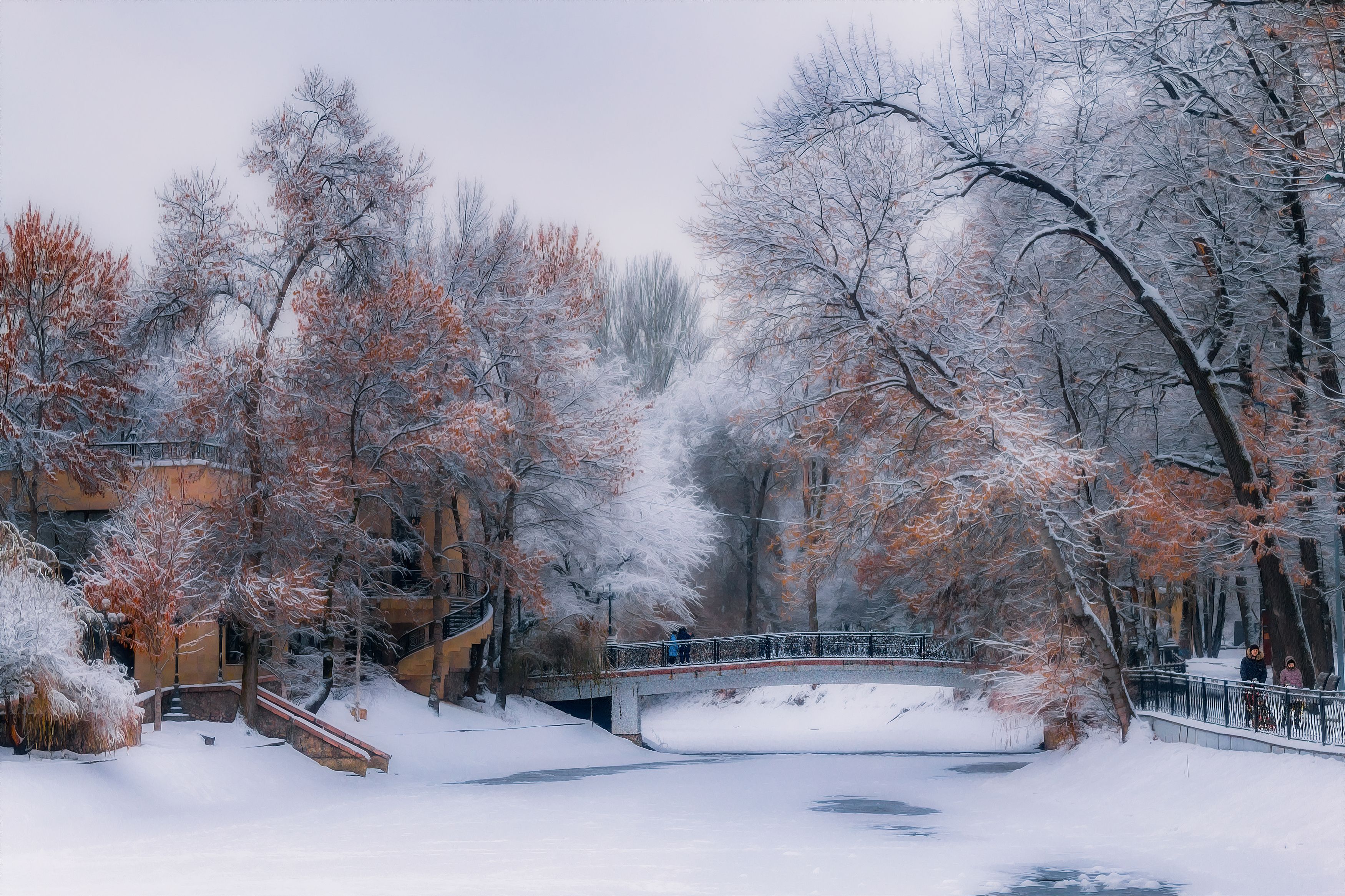 парк зима снег деревья природа люди вечер, Еремеев Дмитрий
