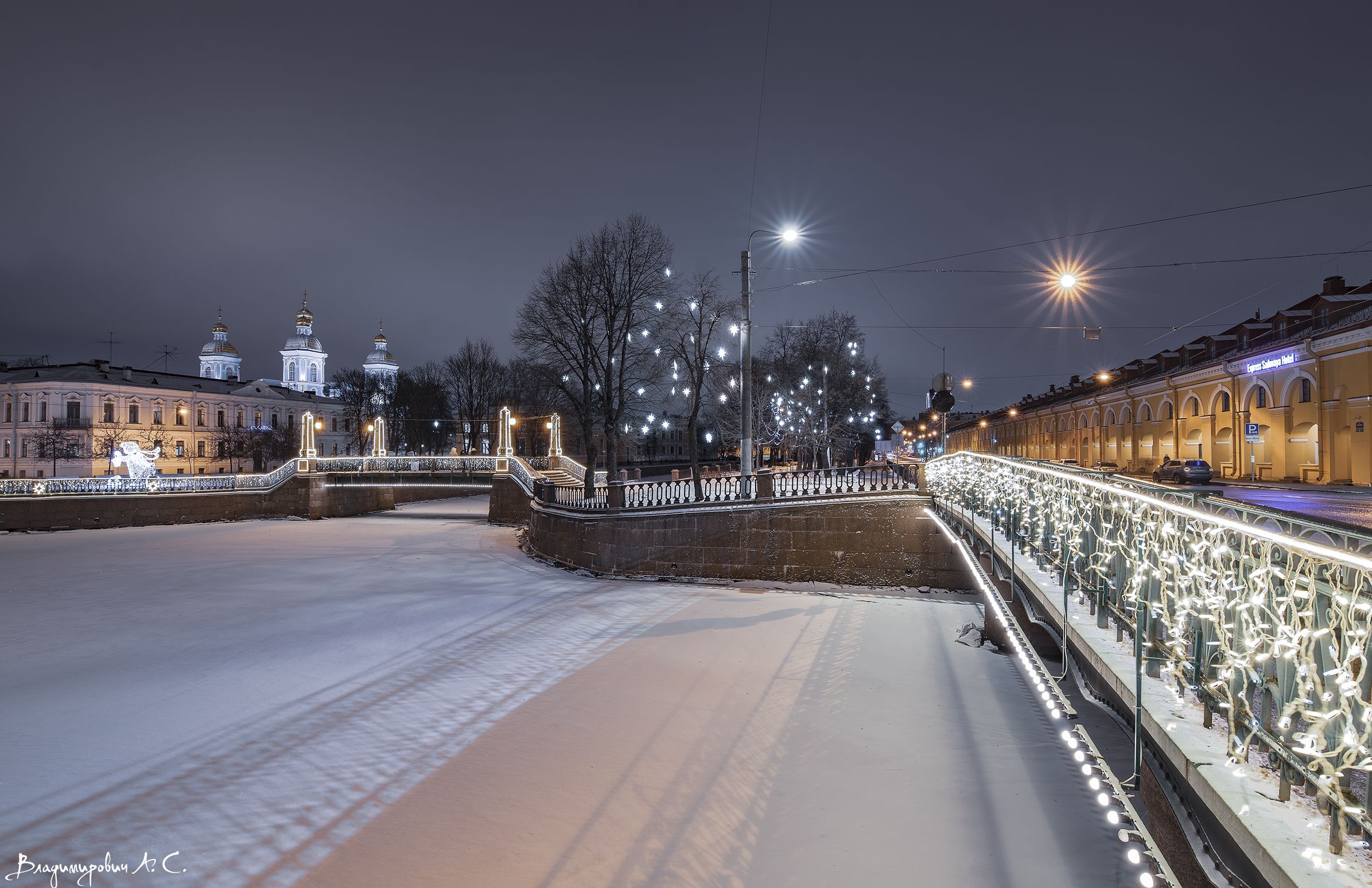 новогодние огни улица садовая питер ночь снег зима мост фонари никольский собор, Алексей Смирнов