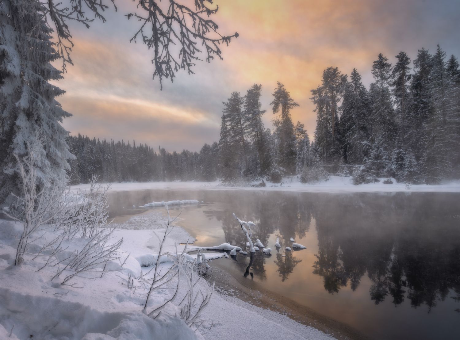 рассвет озеро зима иней туман вода лед снег, Сергей Буторин