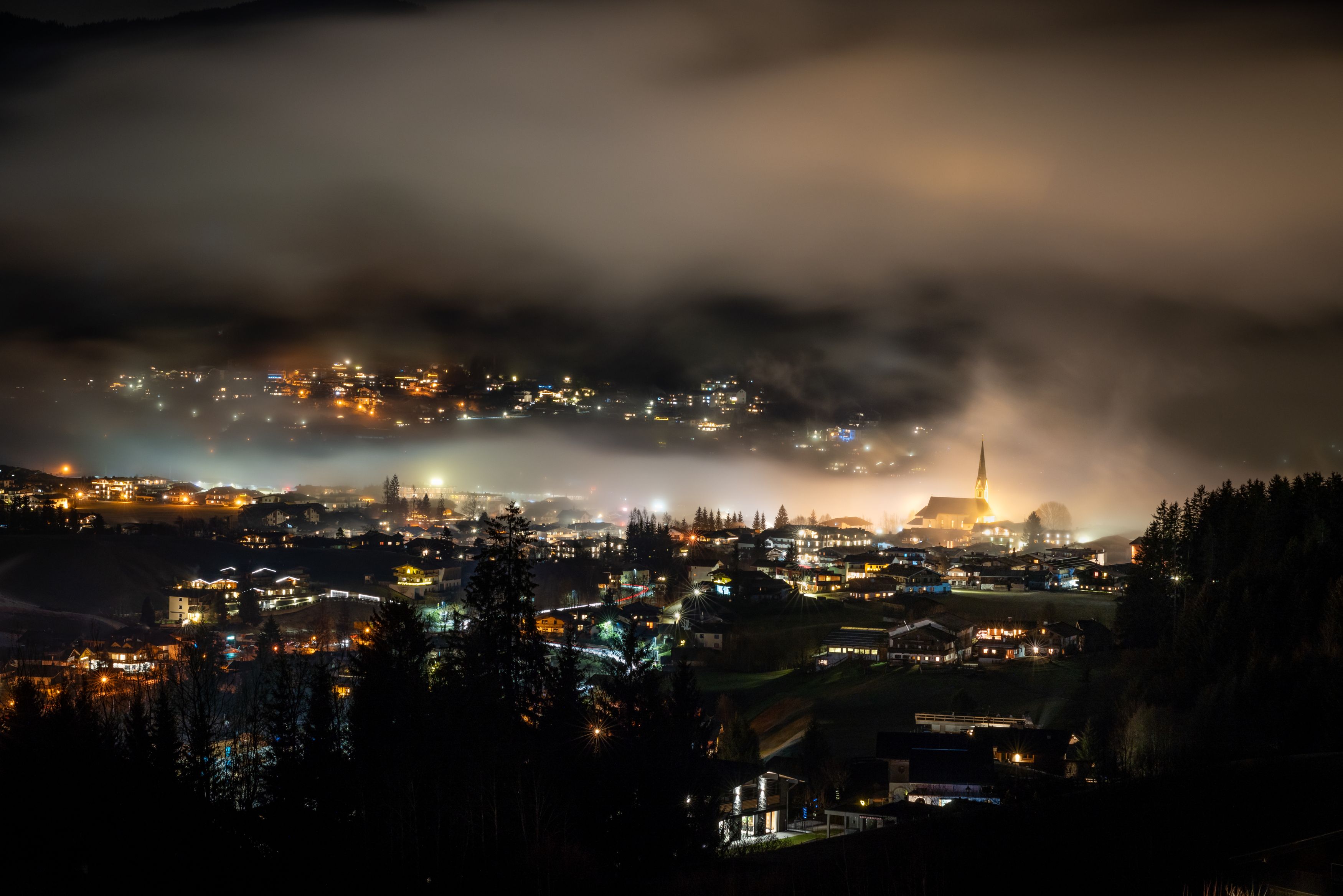 fog, village, night, landscape, Kirchberg, Austria, winter, misty, mist, church, lights, Milan Ljubisavljevic
