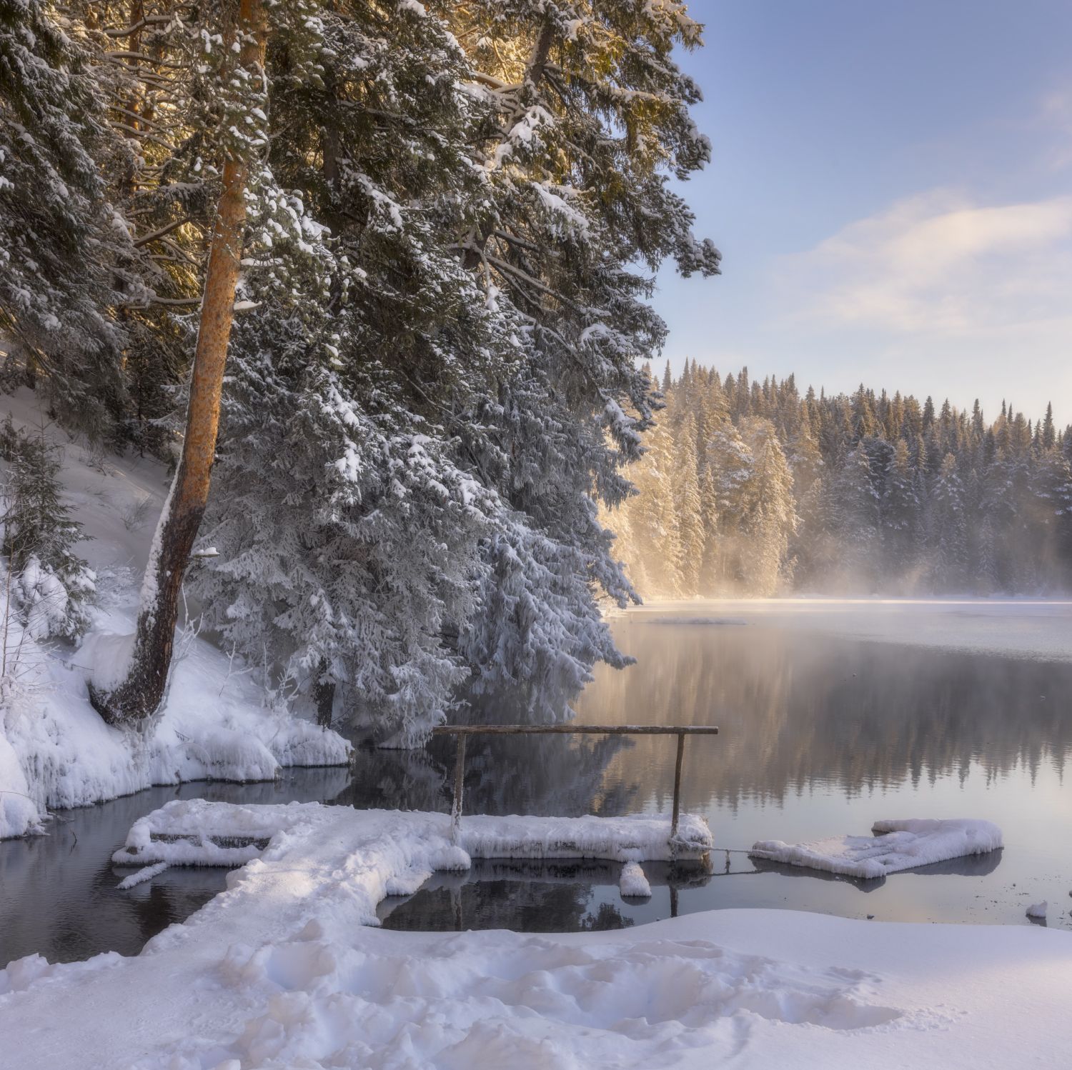свет зима озеро иней испарения деревья, Сергей Буторин