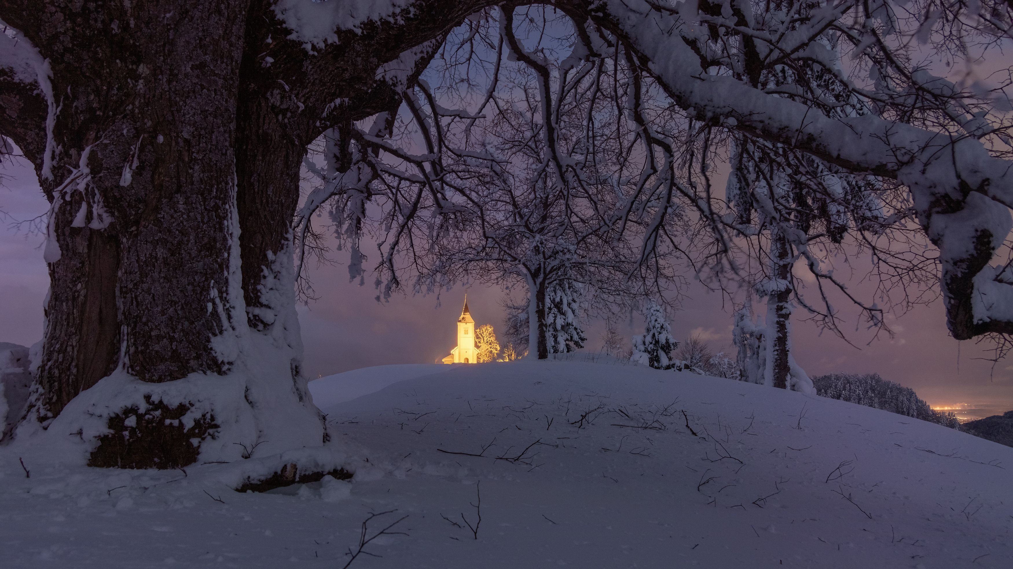 evening light church winter landscape, Bor Rojnik