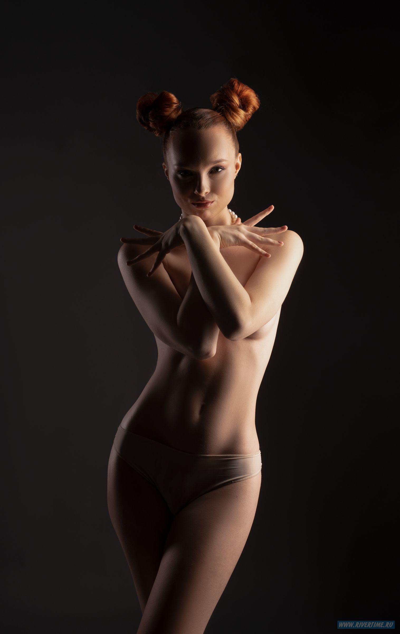 woman; topless; cover breast; allure; confident; sensual; feminine; grace; sexy; portrait; model; temptation; female; young; redhead; naked torso; panties; perfect; self assured; body; gorgeous; ginger hair; fit; self esteem; passion; naked; lady; individ, Andrey Guryanov