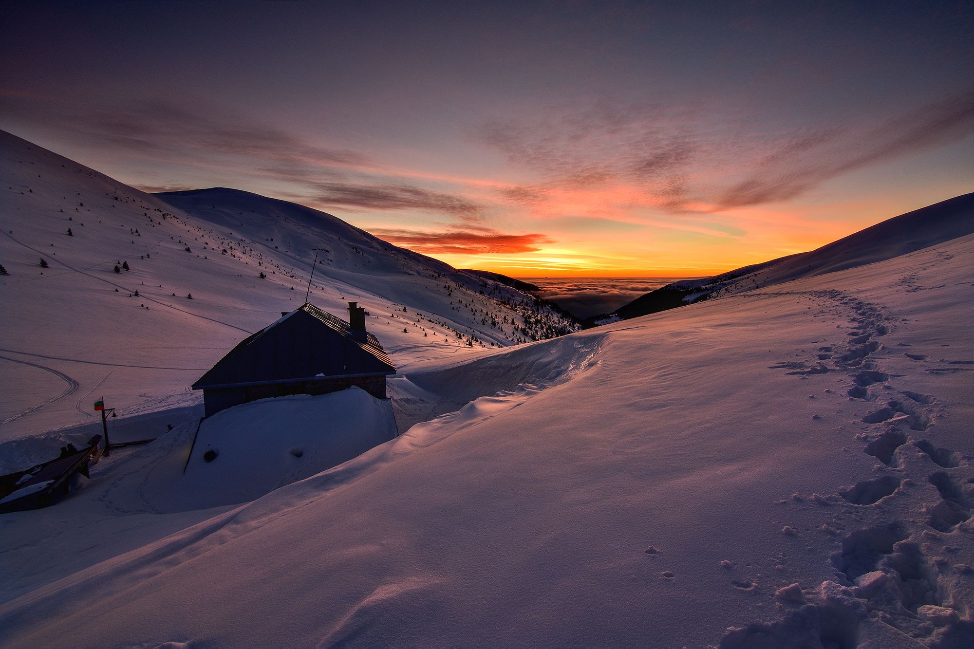 sunset, hut, winter, snow, mountain, Стоян Великов