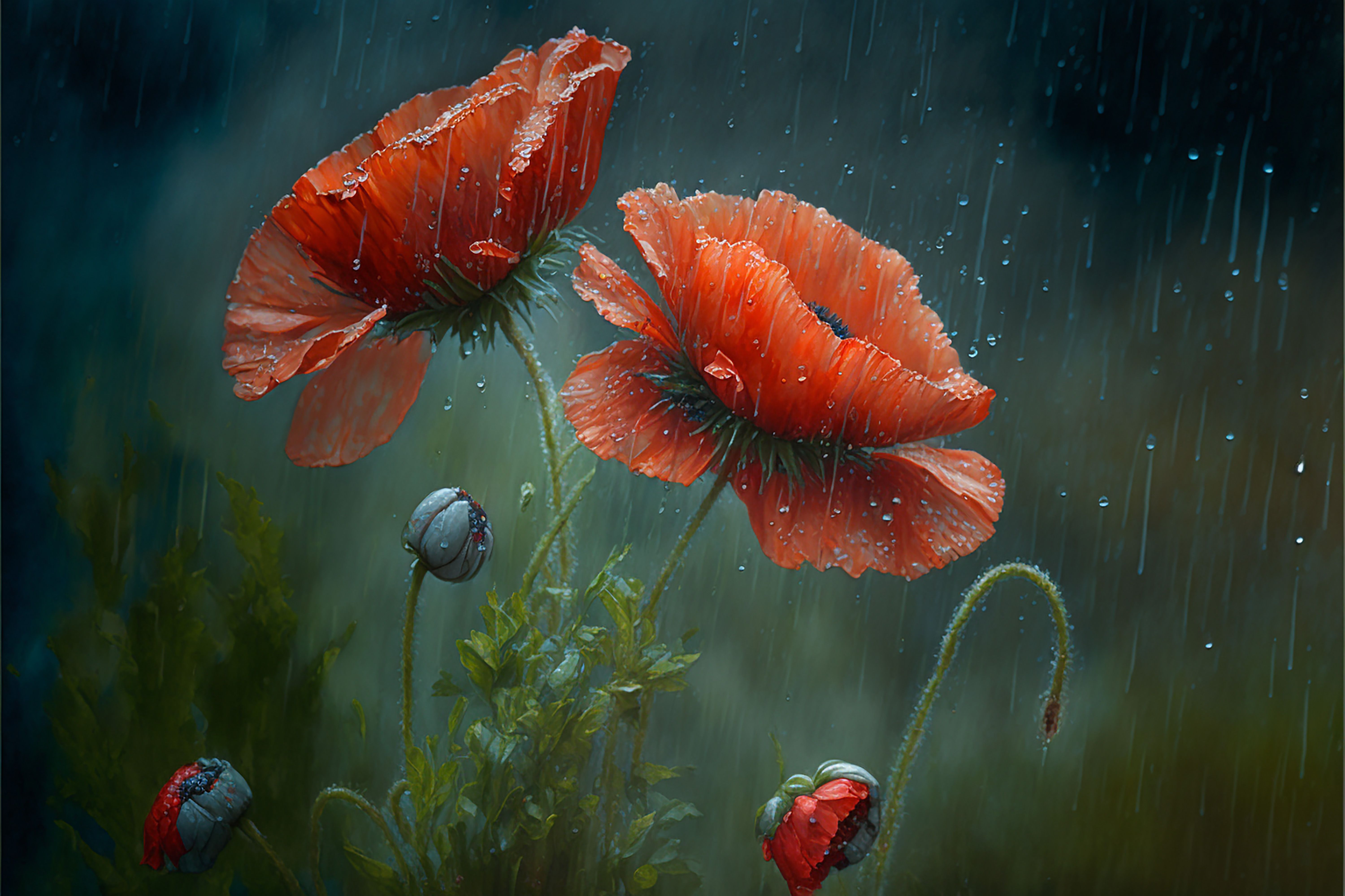 red, poppies, rain, summer, landscape, DZINTRA REGINA JANSONE