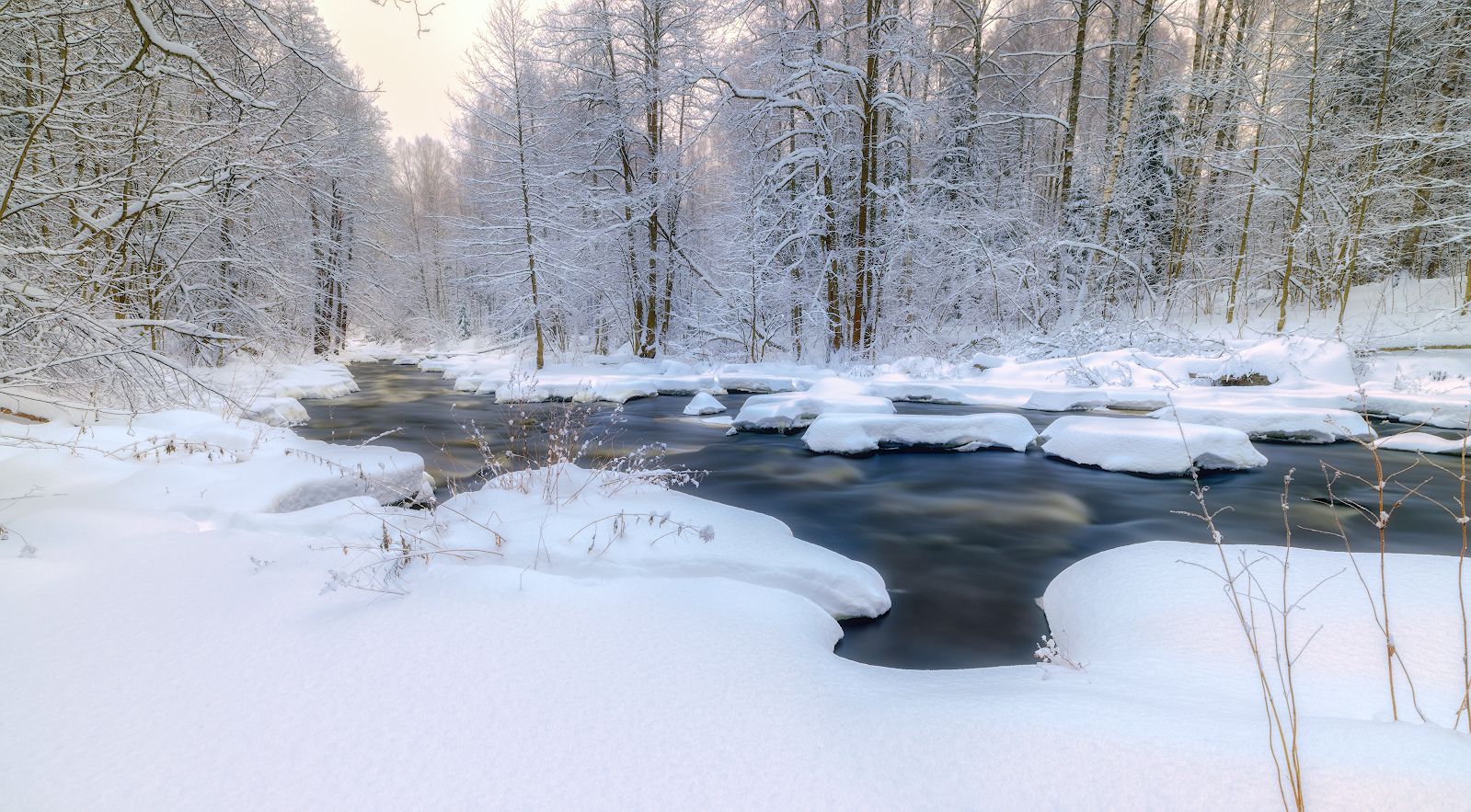 река, вечер, зима, снег, январь, сугробы, лес, Скороходов Константин